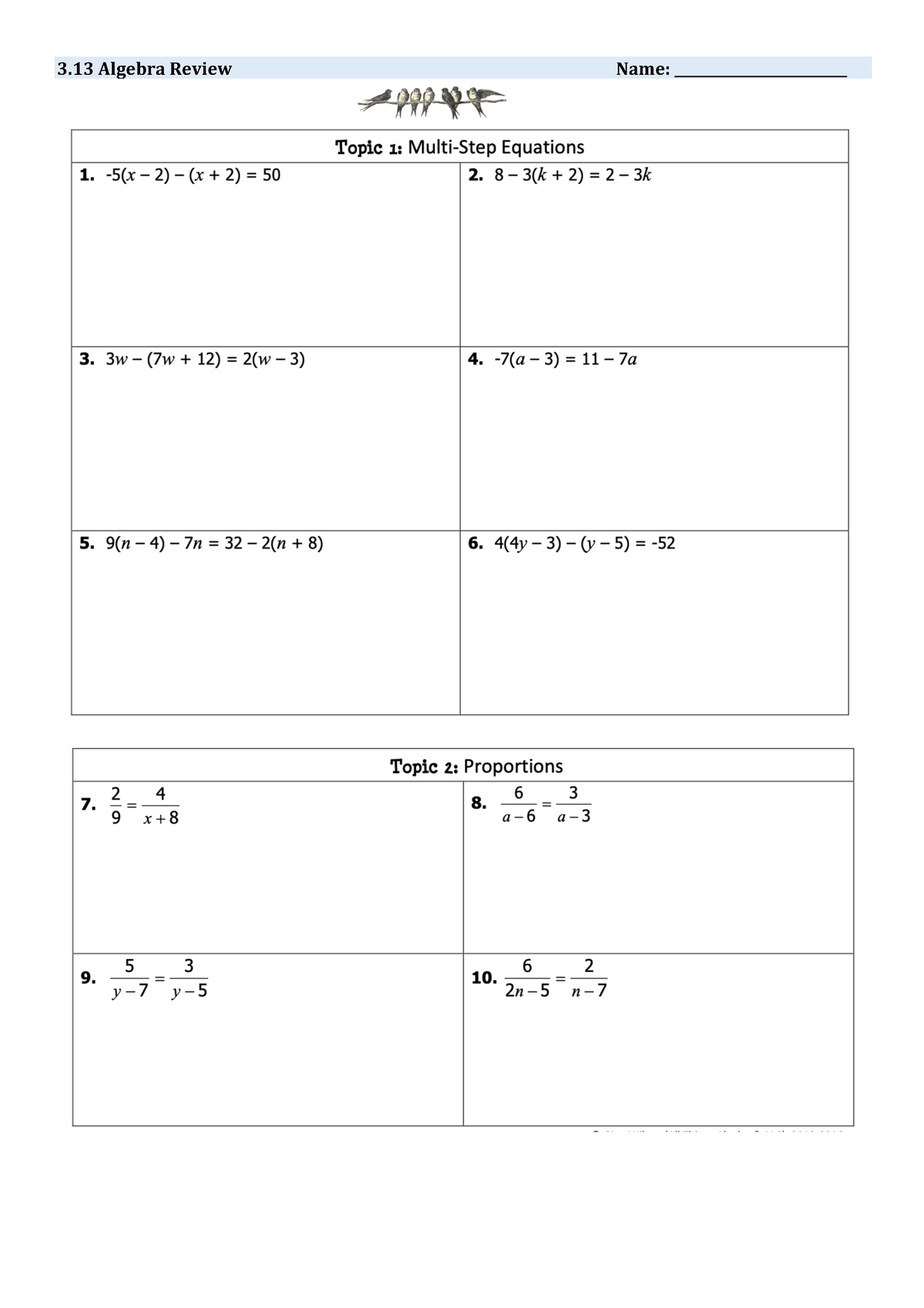 3.13 Algebra Review - Full Worksheet And Exam Practice Questions 