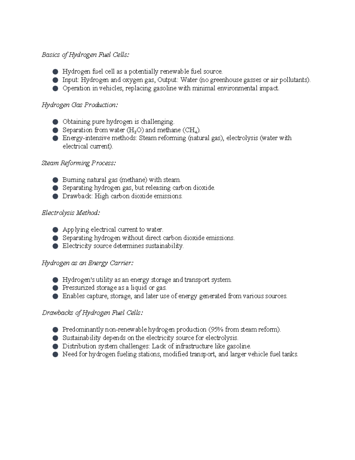 Hydrogen Fuel Cell Notes Basics of Hydrogen Fuel Cells Hydrogen fuel