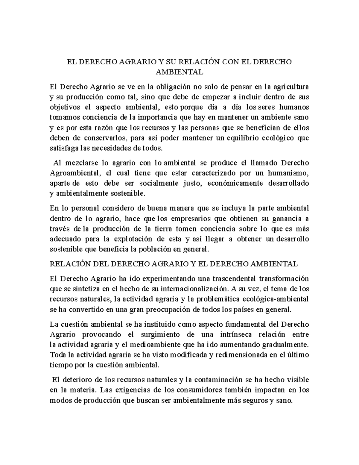 Caracteres DEL Derecho Ambiental - EL DERECHO AGRARIO Y SU RELACIÓN CON ...