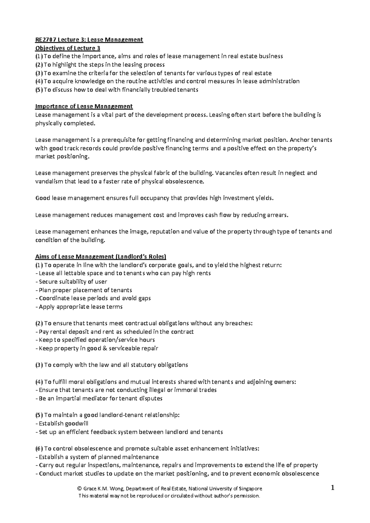 RE2707 Lecture 3 Summary - © Grace K. Wong, Department of Real Estate ...