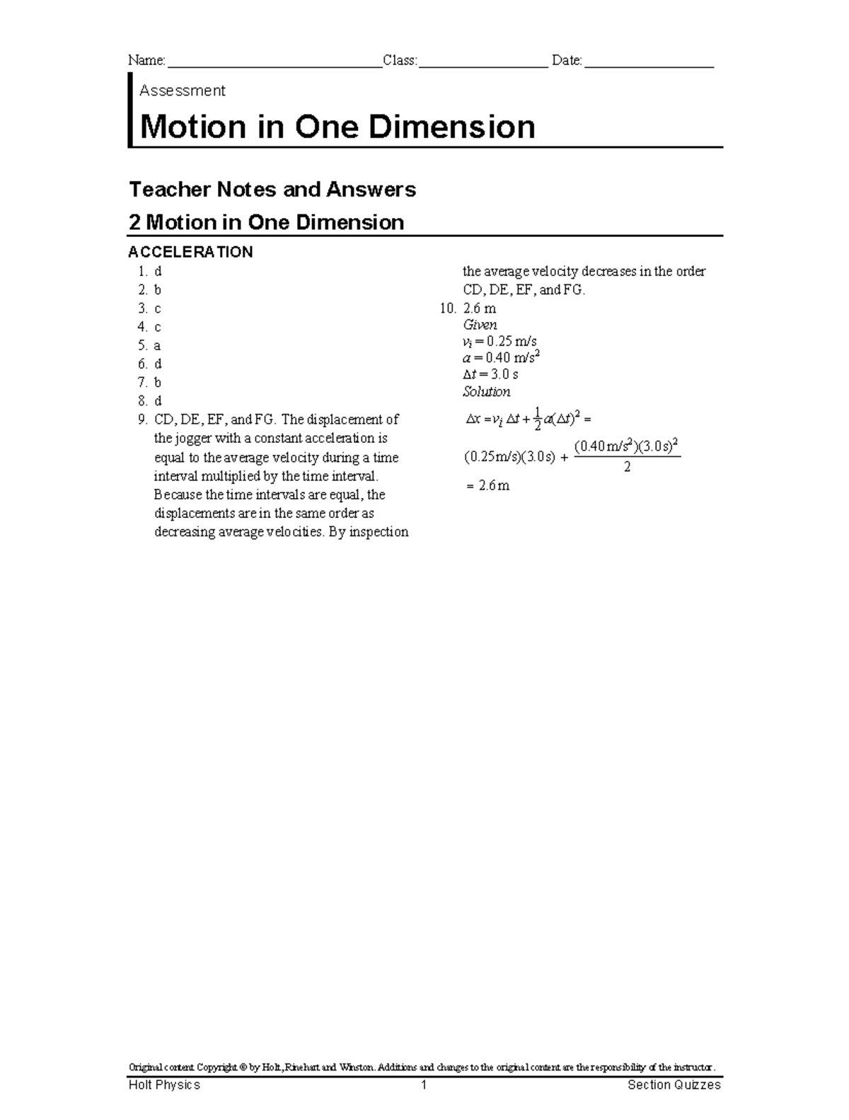 Assessment Motion in One Dimension Teacher Notes and Answers - Studocu