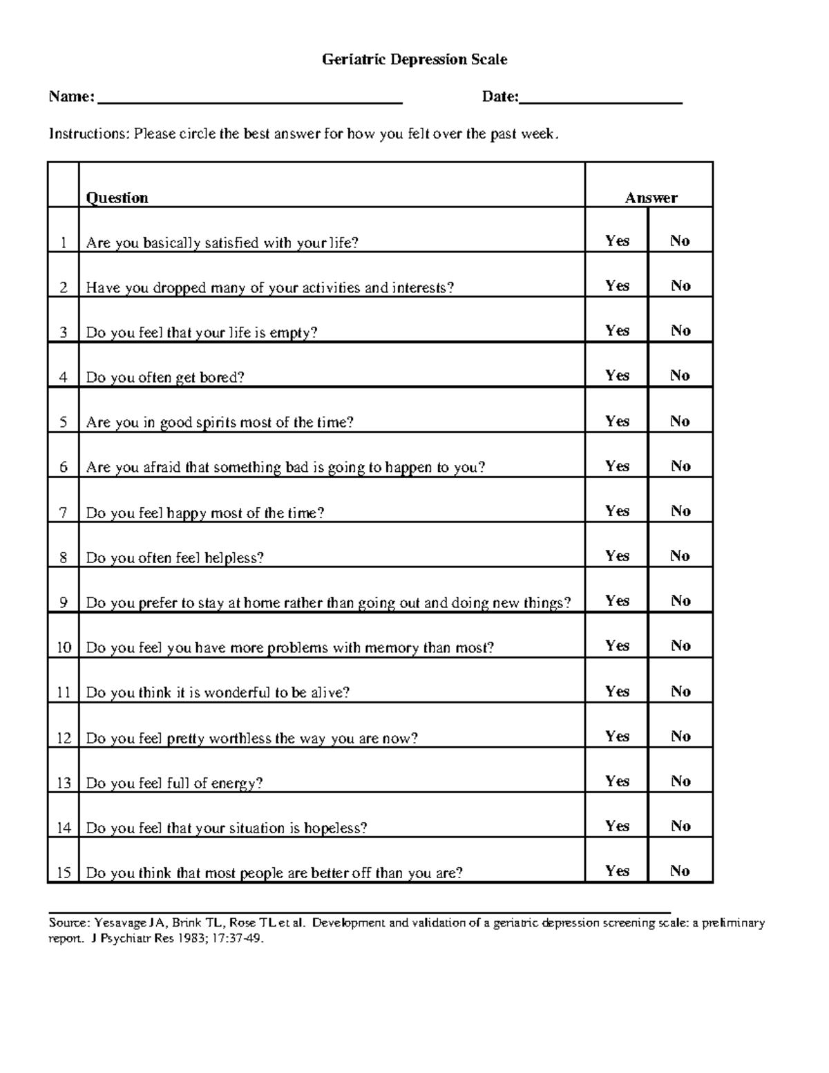 GDS - GDS Scale - Geriatric Depression Scale Name: Date: Instructions ...