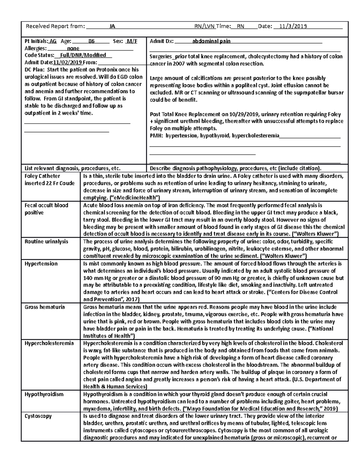 Care Plan #1 - Care Plan For Clinicals - Received Report From: Ja Rn 