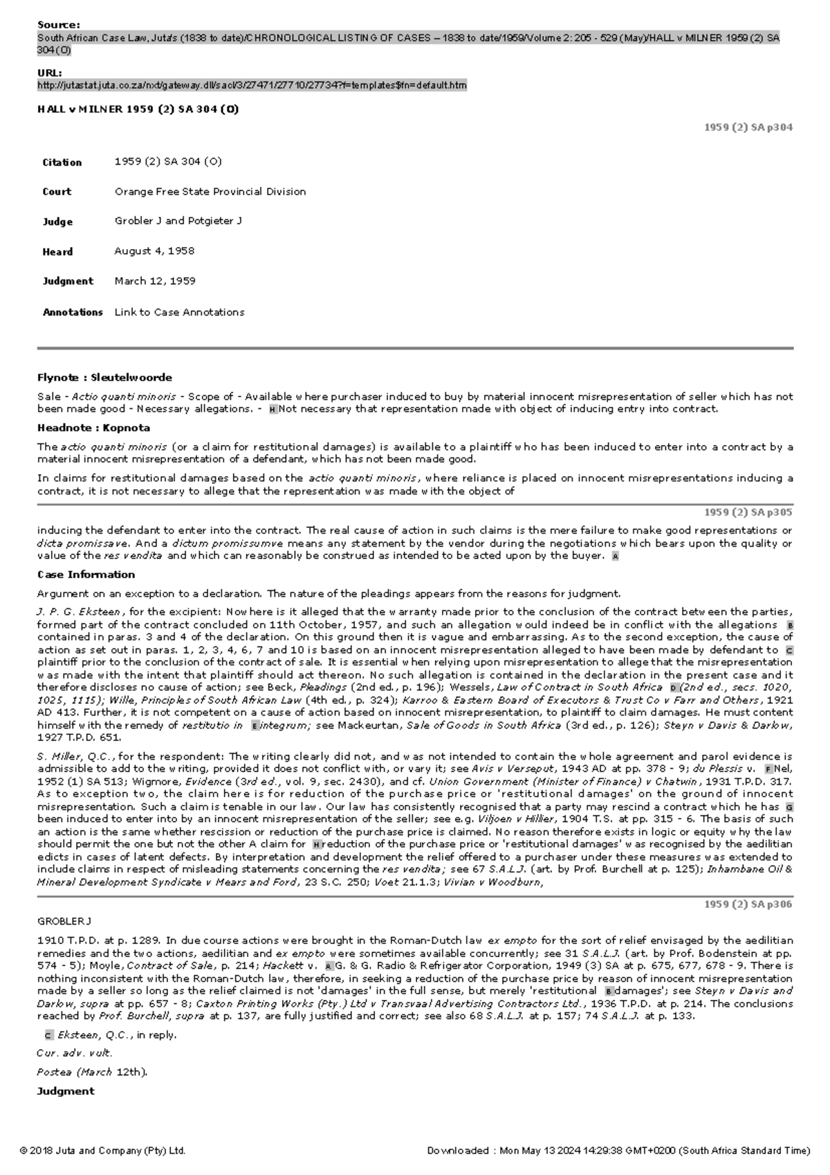 HALL v Milner 1959 (2) SA 304 (O) Source South African Case Law