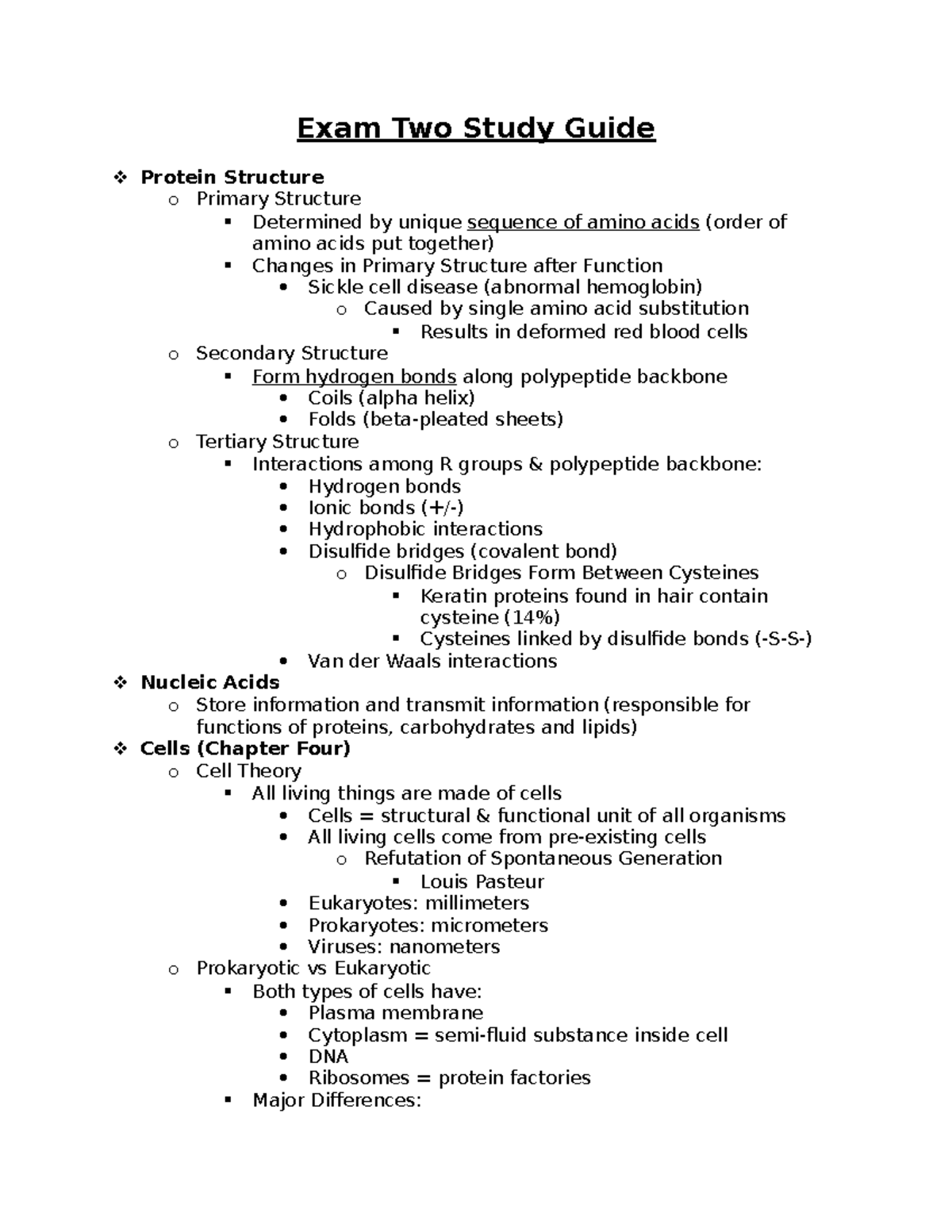 Exam Two Study Guide - Protein structure, cell parts, converting energy ...