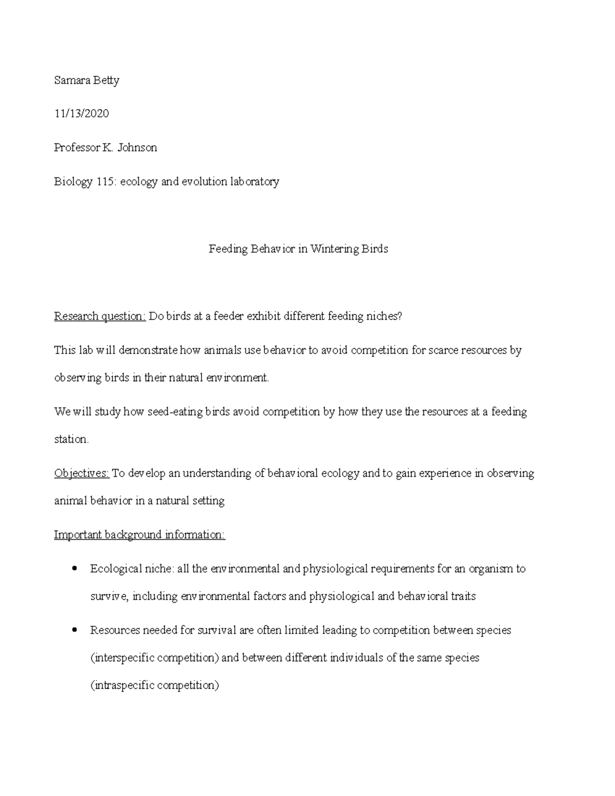 Niche lab Samara Betty 11/13/ Professor K. Johnson Biology