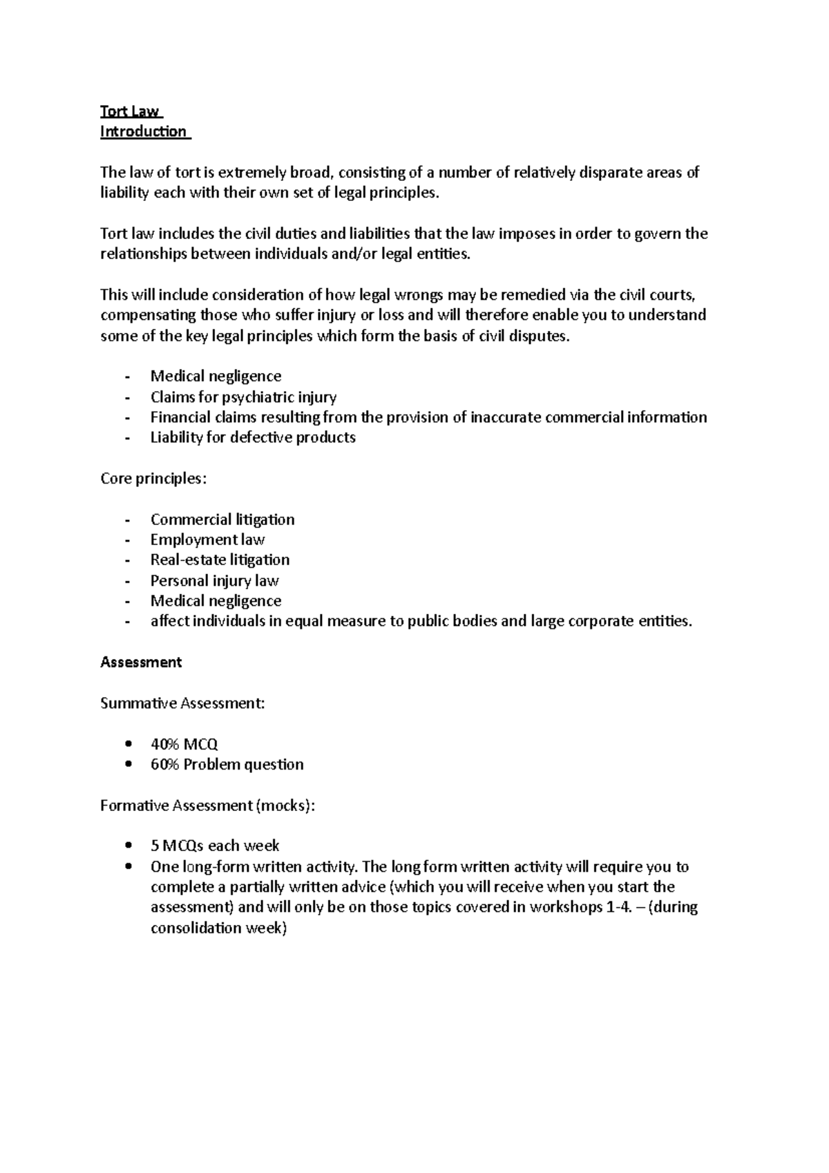 Week 1 - Tort Law - Prepare And Apply - Tort Law Introduction The Law ...