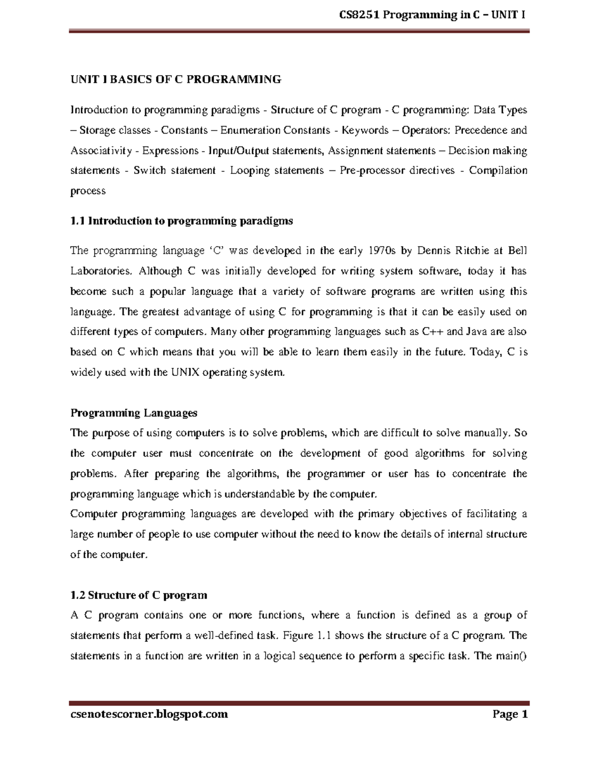 UNIT I Basics of C programming - UNIT I BASICS OF C PROGRAMMING ...