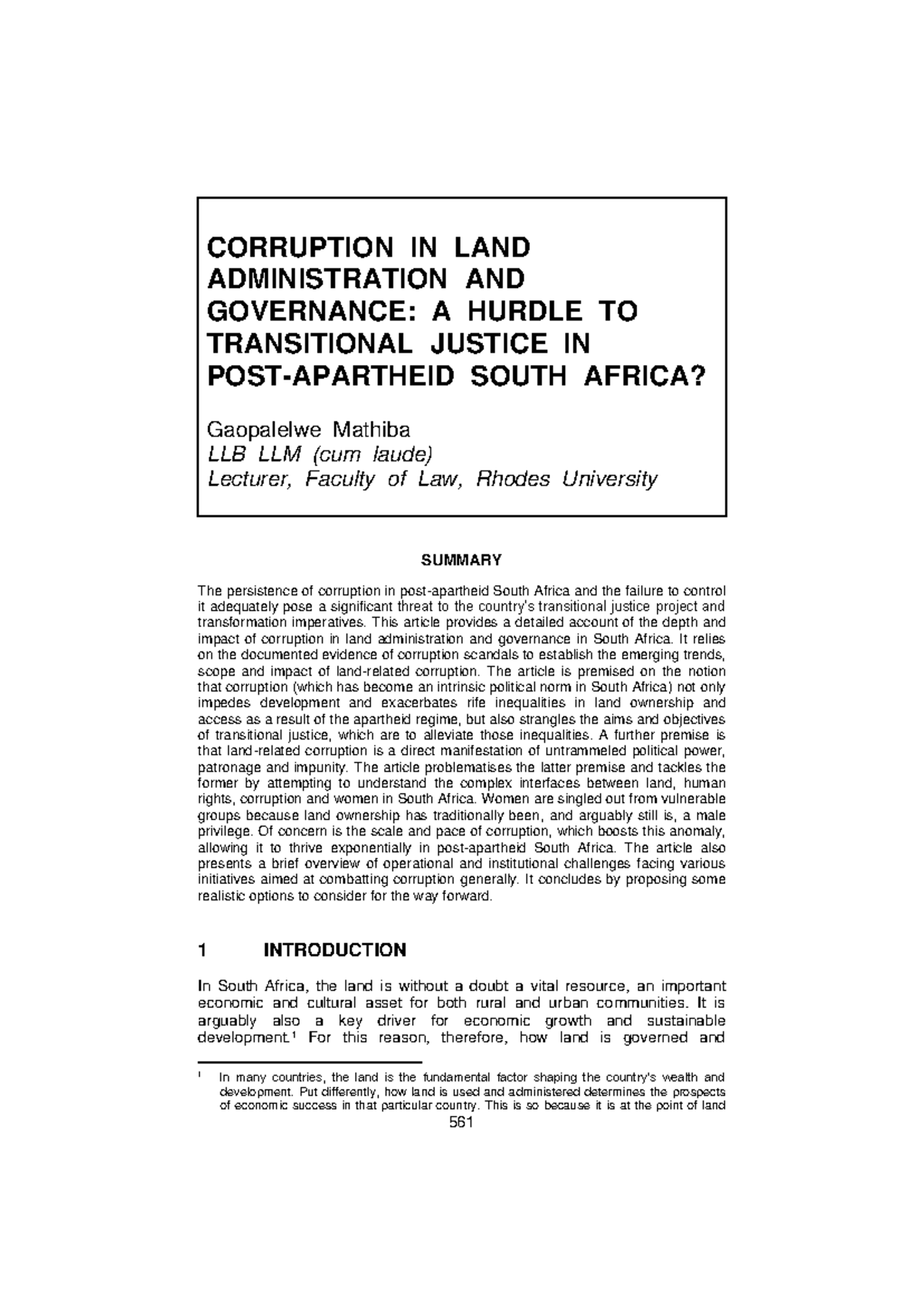 Mathiba article - 561 CORRUPTION IN LAND ADMINISTRATION AND GOVERNANCE ...