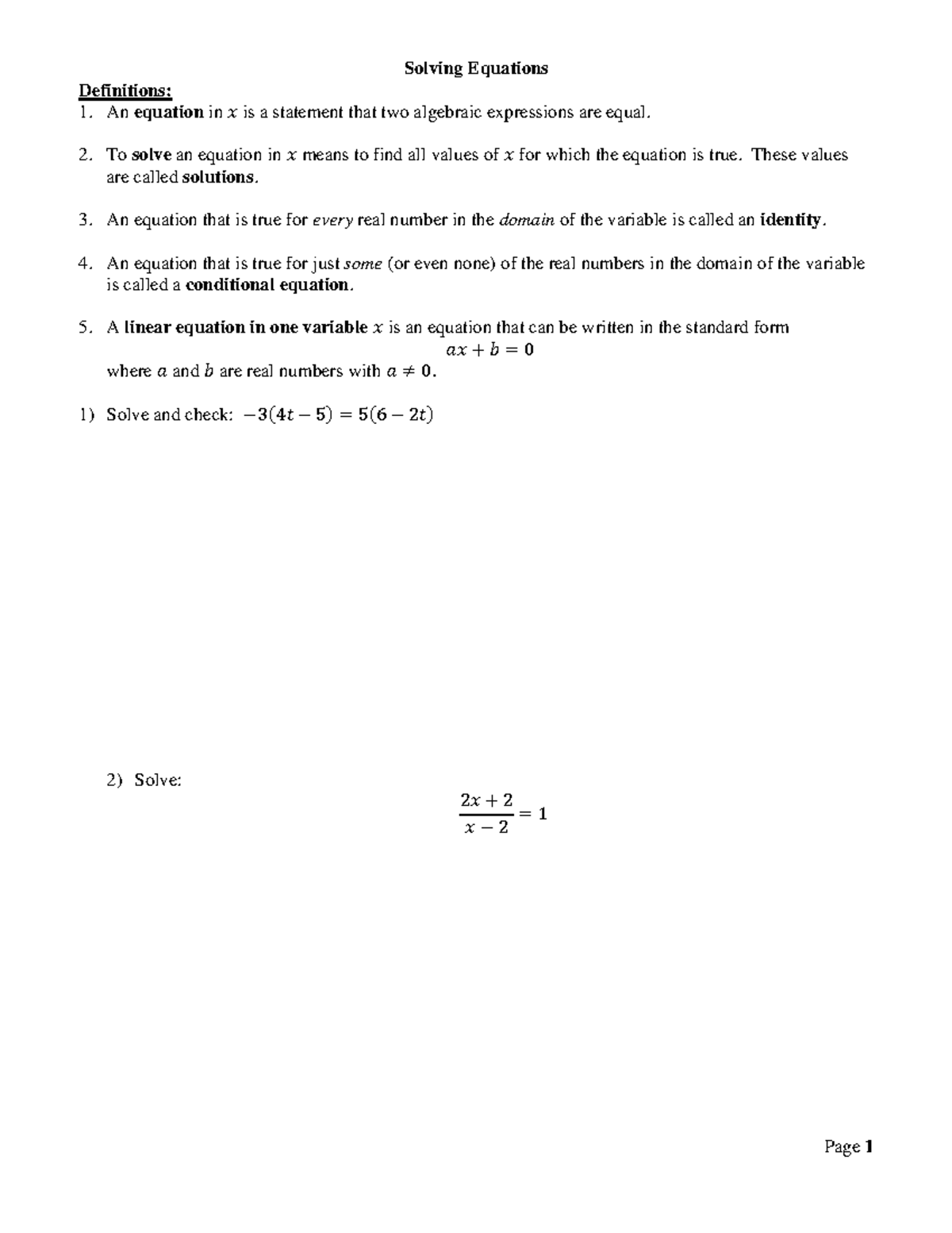 02 Solve Equations - Definitions: An equation in 𝕥 is a statement that ...
