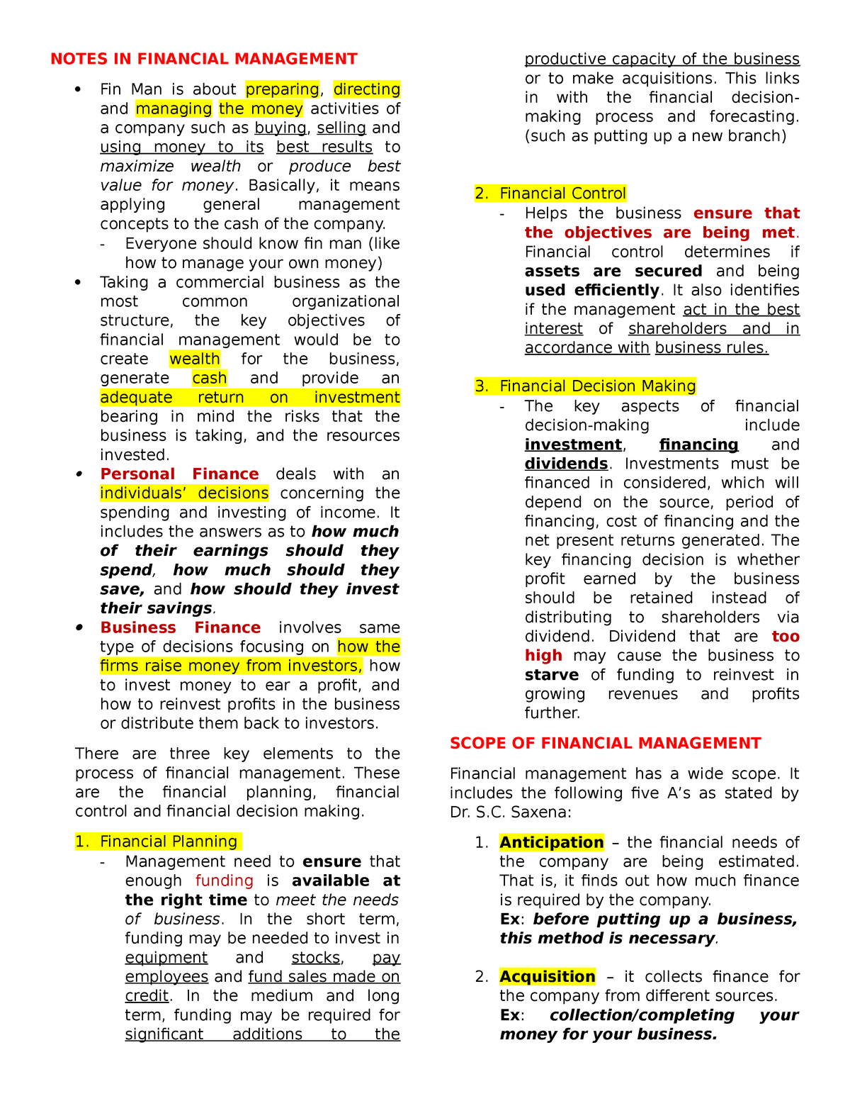 Notes, Financial Management - NOTES IN FINANCIAL MANAGEMENT Fin Man Is ...