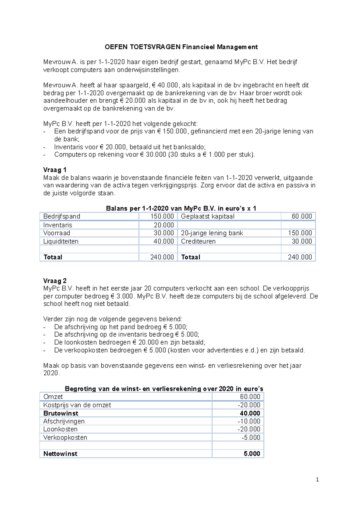 Oefen Vragen Financieel Management Okt 2022 - OEFEN TOETSVRAGEN ...