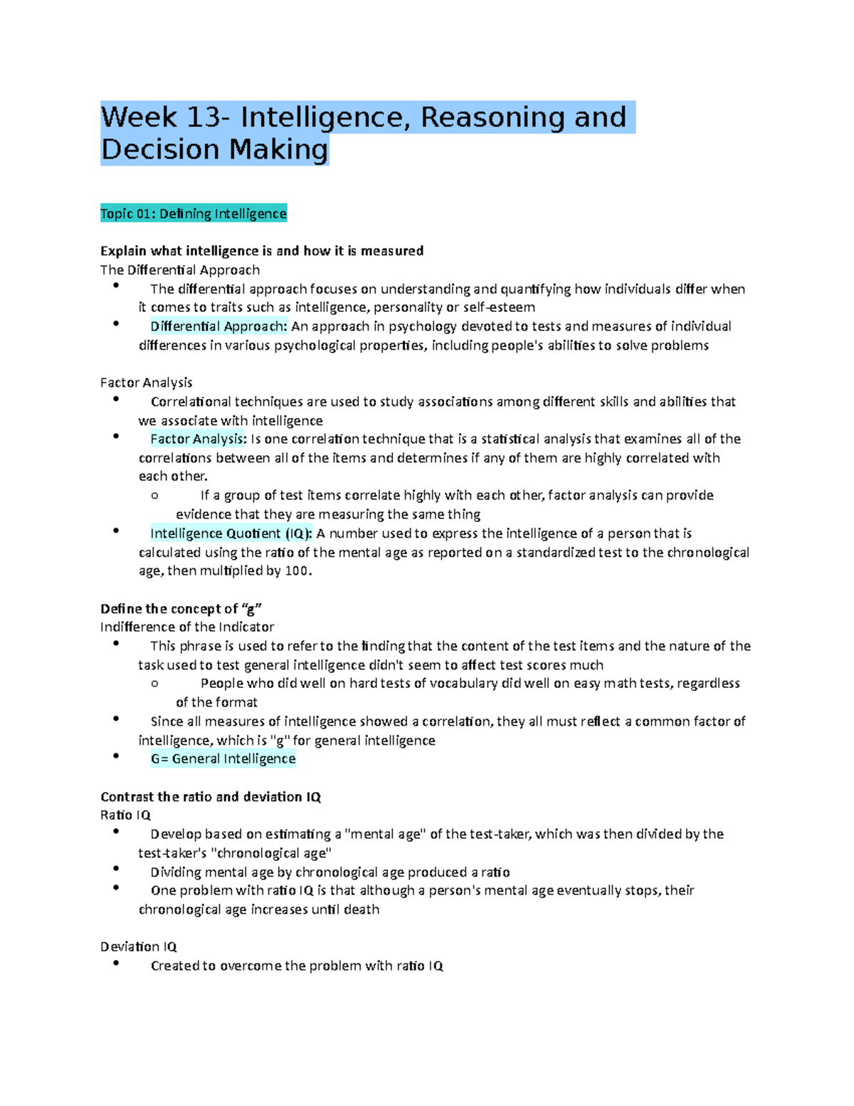 Psyc week 13 - Lecture notes from Week 13 - Week 13- Intelligence ...