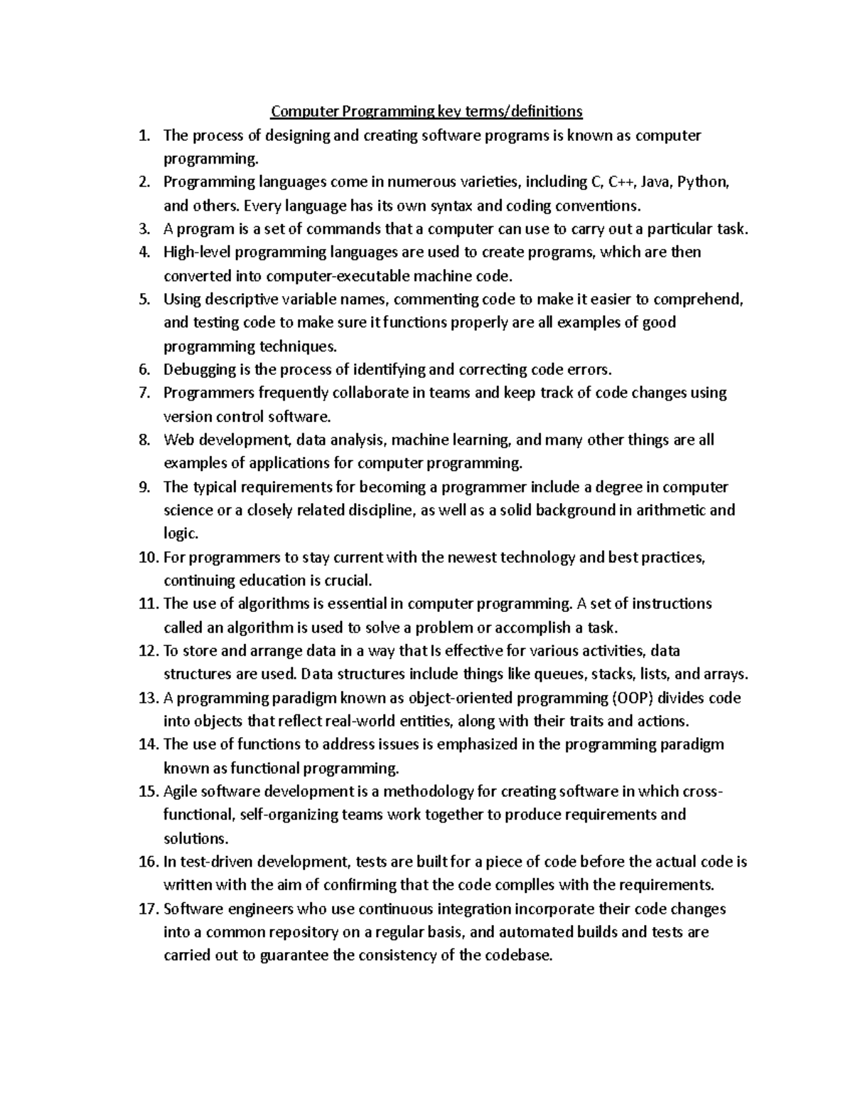 Comp Prog key terms - Computer Programming key terms/definitions The ...