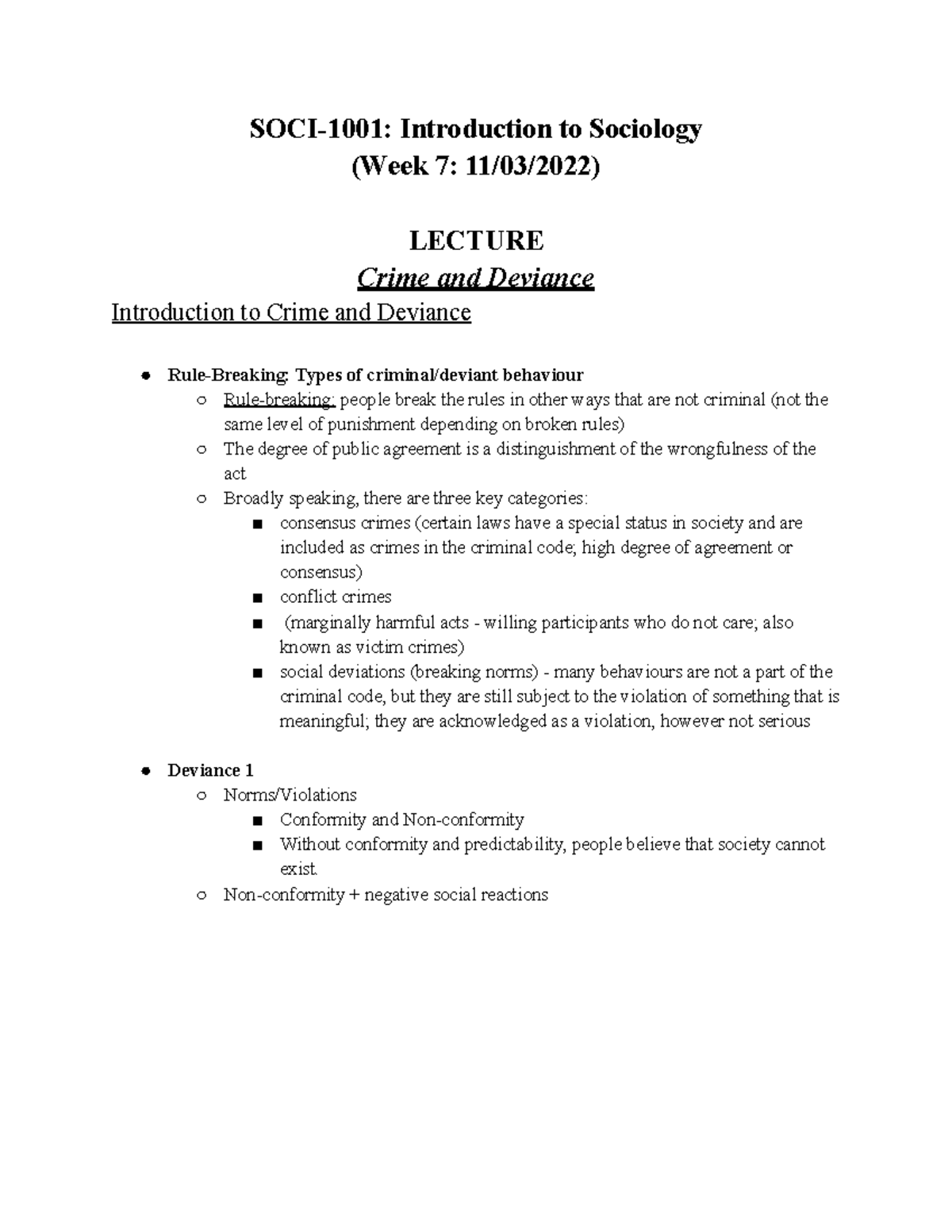 SOCI-1001 Week 10 - Crime and Deviance, a lecture presented at Trent in ...