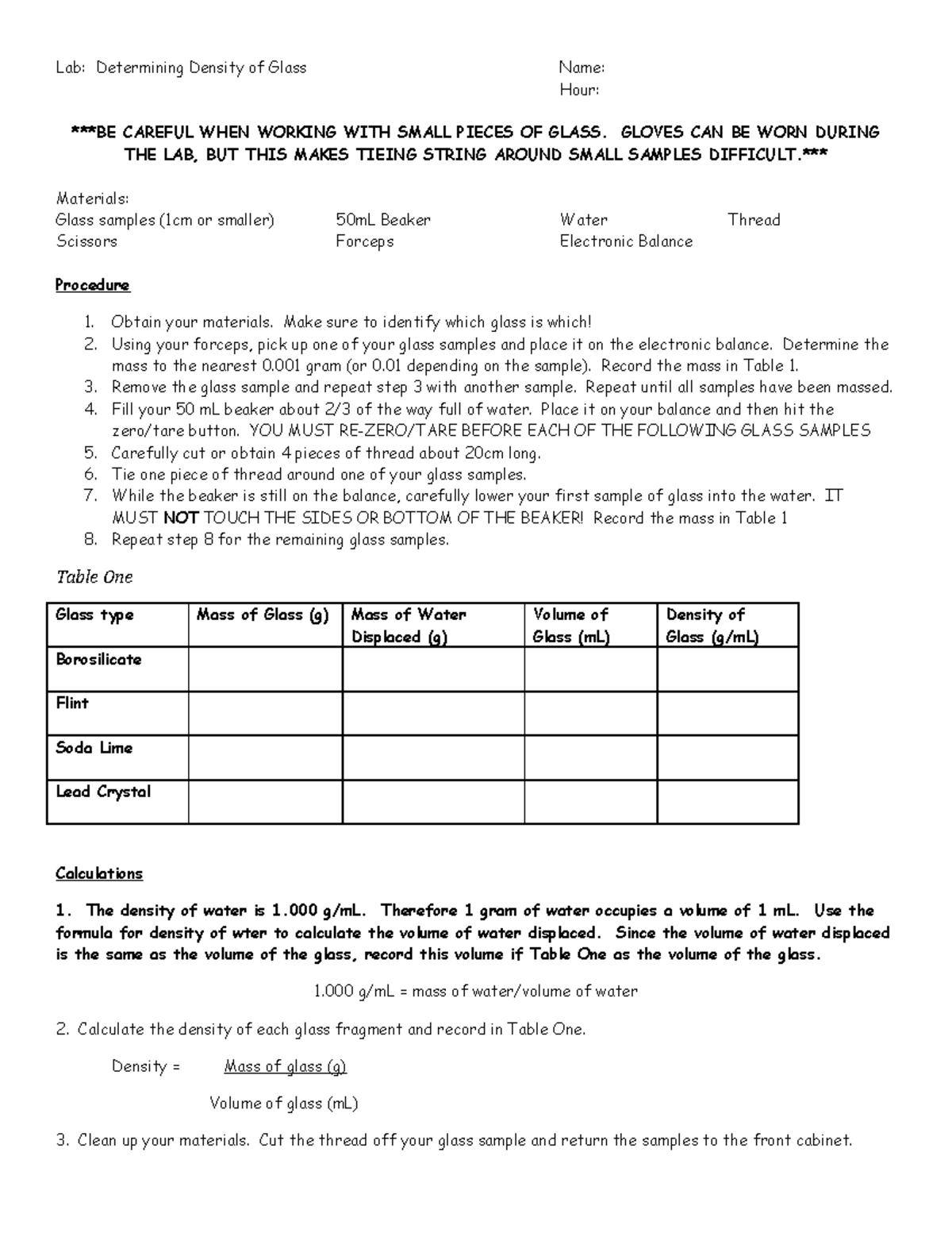 Lab glass density Lab Determining Density of Glass Name Hour BE