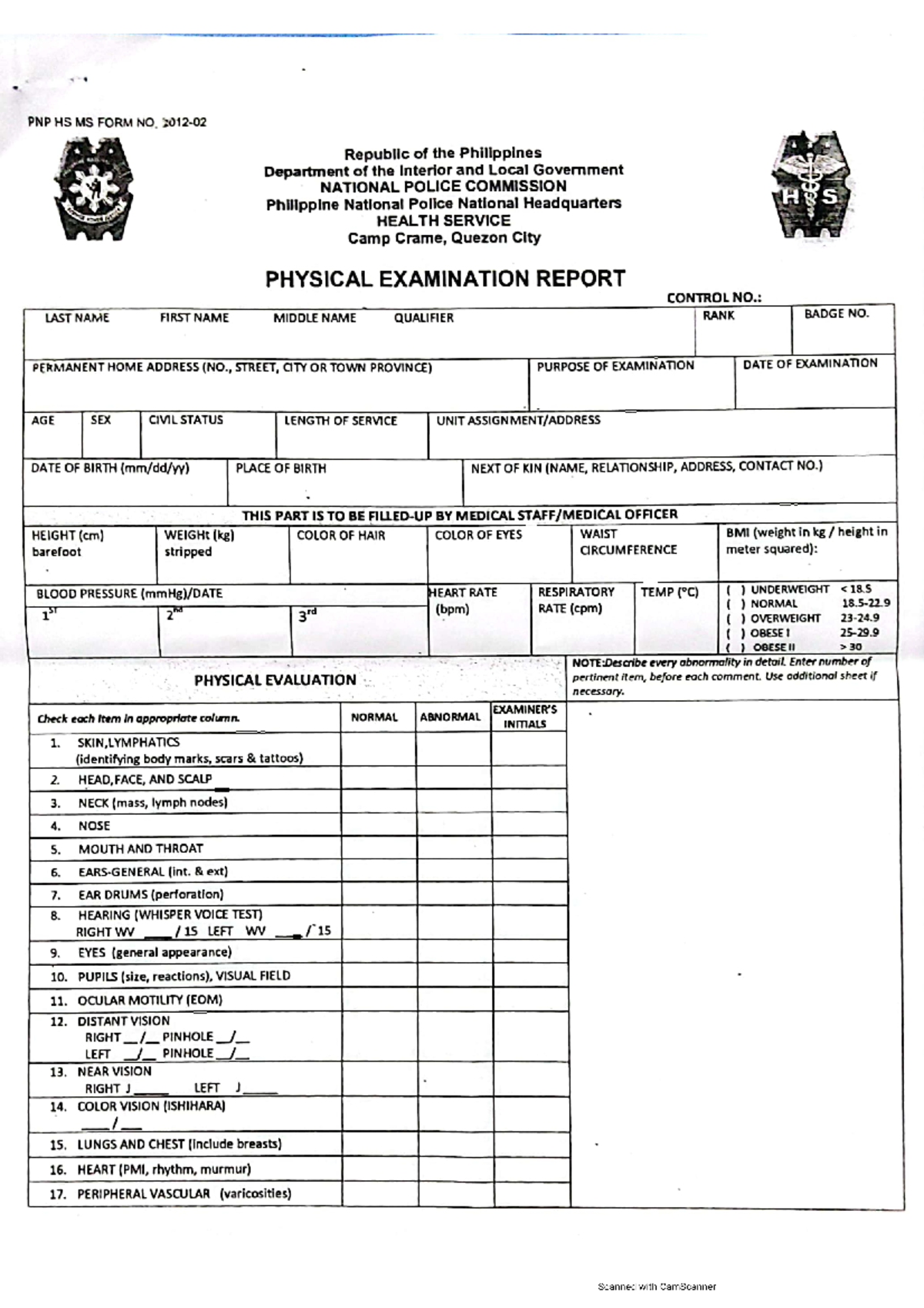 PMDE Physical Examination Report nursing Studocu