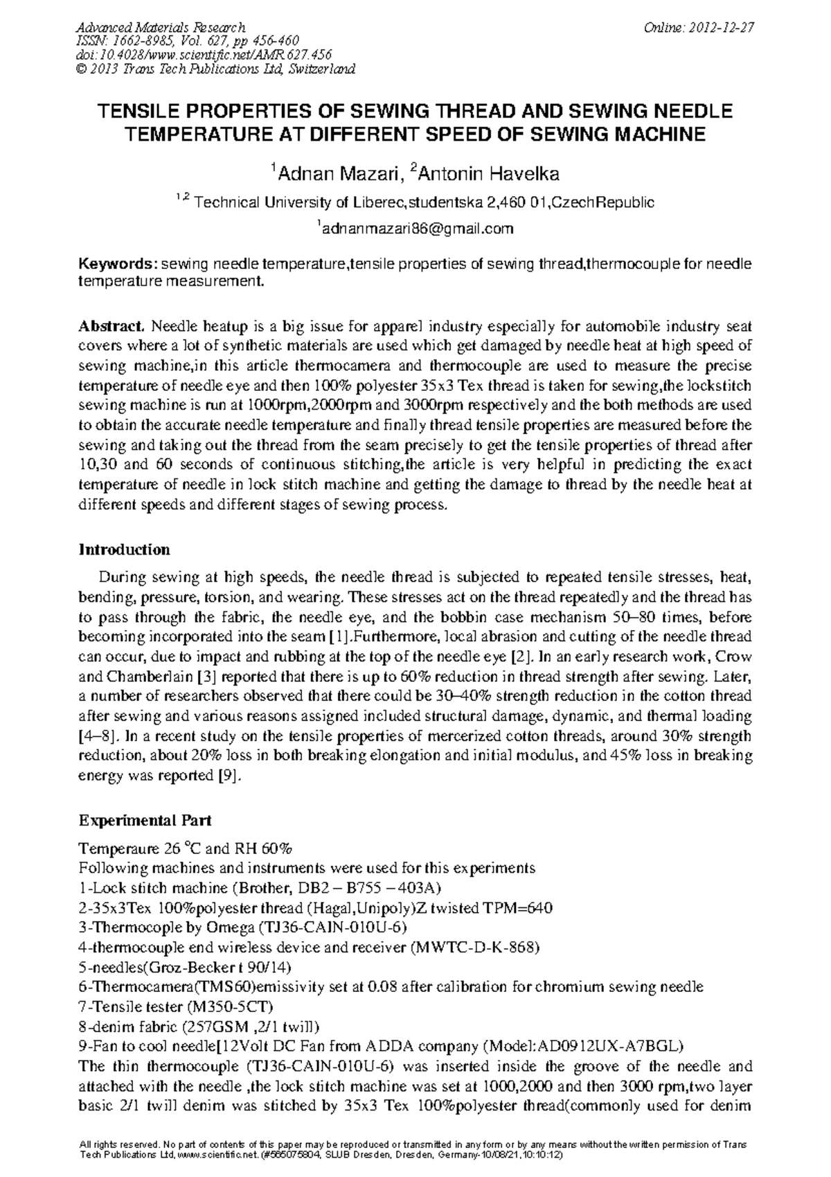 Tensile Properties OF Sewing Thread AND Sewing Needle TENSILE