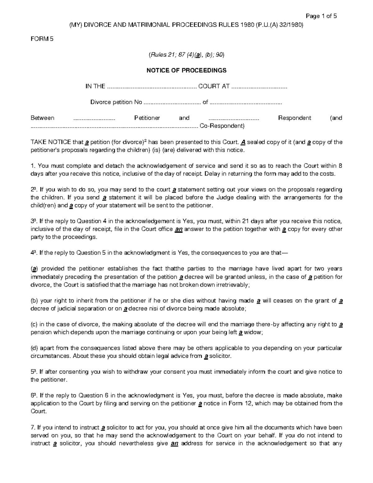 FORM 5, 6NOTICE OF PROCEEDINGS (MY) DIVORCE AND MATRIMONIAL