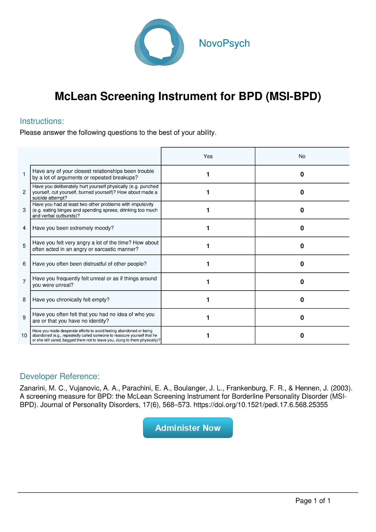 Msi Bpd Borderline Personality Disorder Assessment Blank Form 