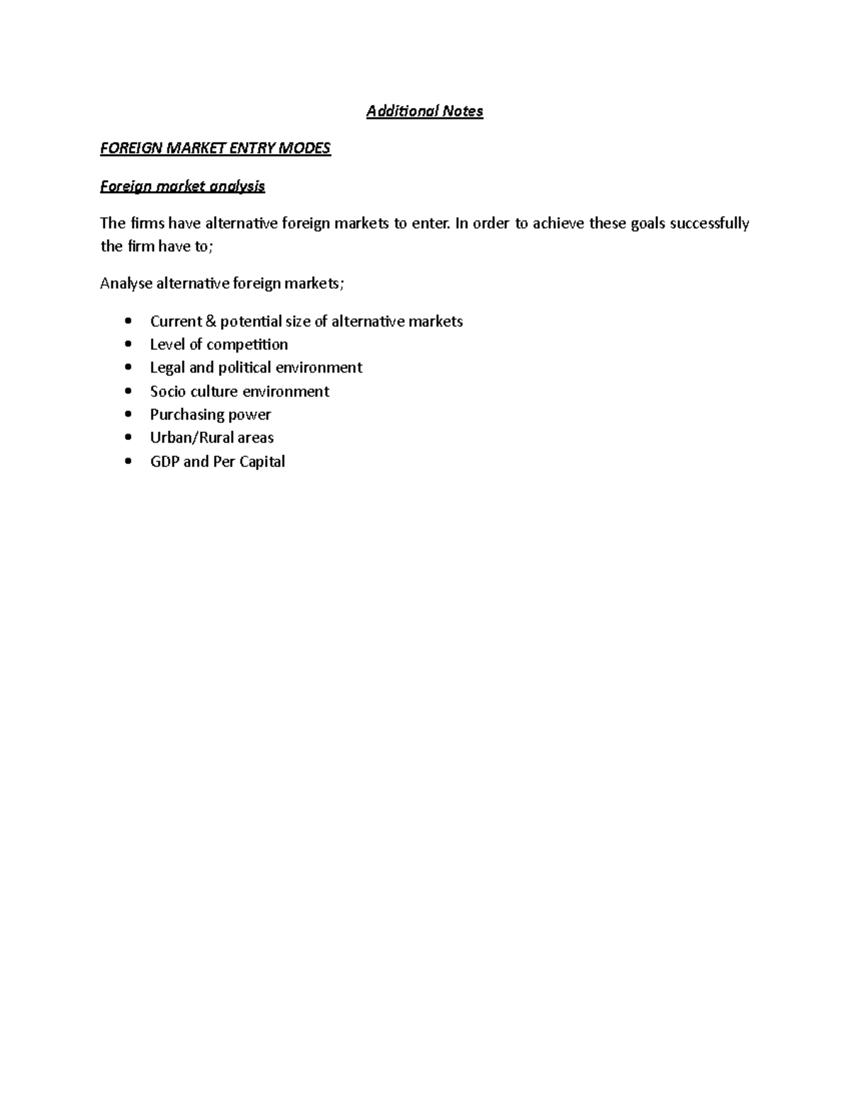 Additional Notes. Foreign Market Entry Modes - Additional Notes FOREIGN ...