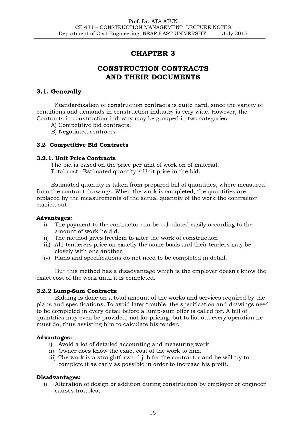 Lecture Notes - CE 431 – CONSTRUCTION MANAGEMENT LECTURE NOTES ...