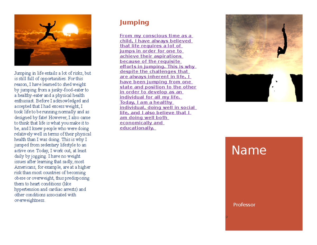 Class 225 - homework - Jumping in life entails a lot of risks, but is ...