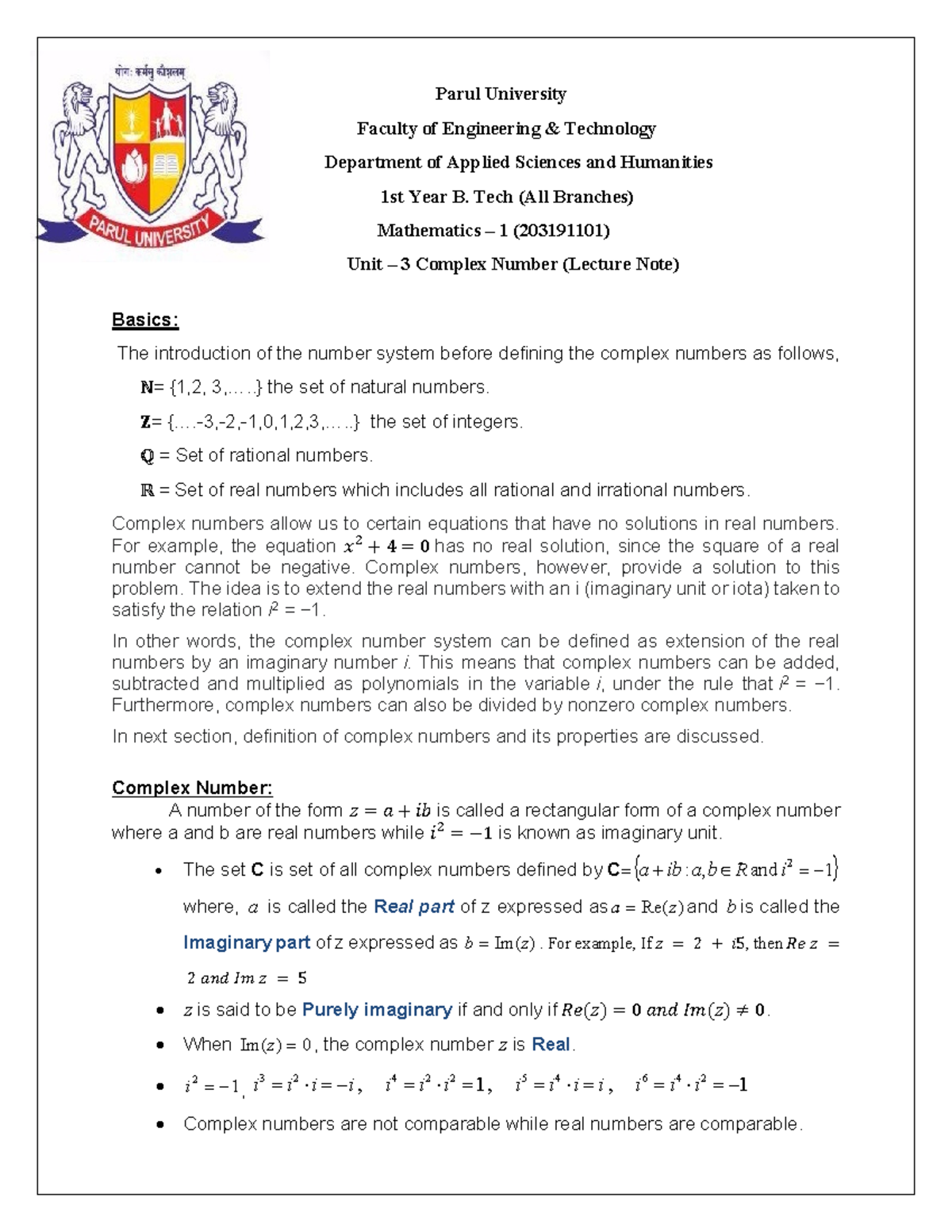 Complex Number - Parul University Faculty of Engineering & Technology ...
