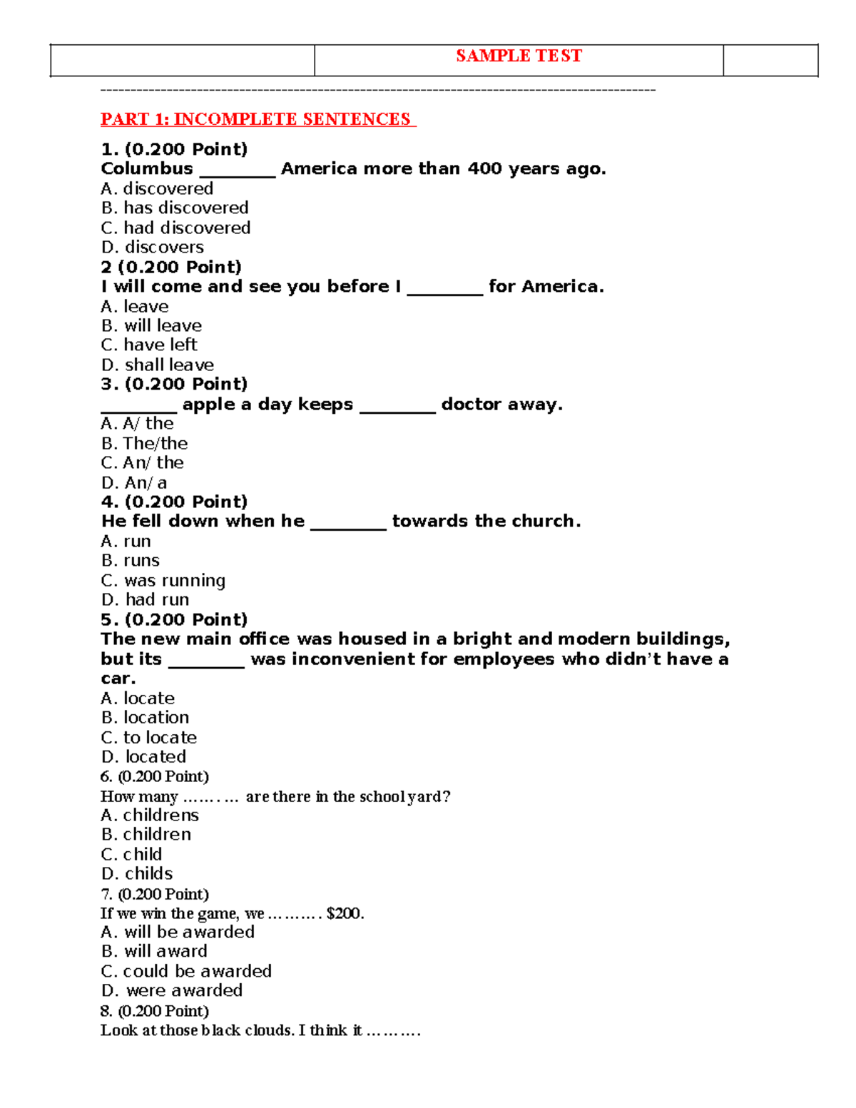 Sample Final EXAM ENG 116 SAMPLE TEST PART 1 SENTENCES