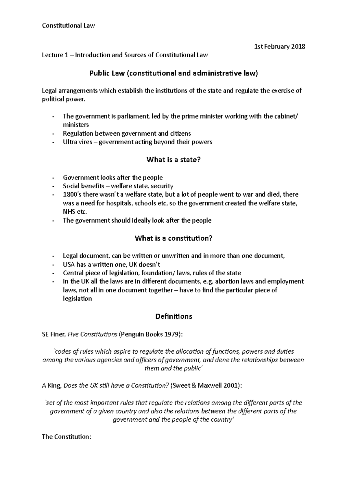 L1, intro - Lecture notes 1 - Constitutional Law Lecture 1 ...