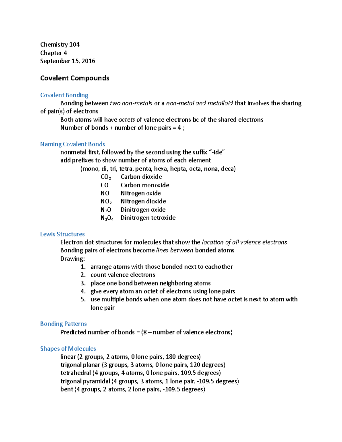 Chemistry 104 Chapter 4 - Chemistry 104 Chapter 4 September 15, 2016 ...