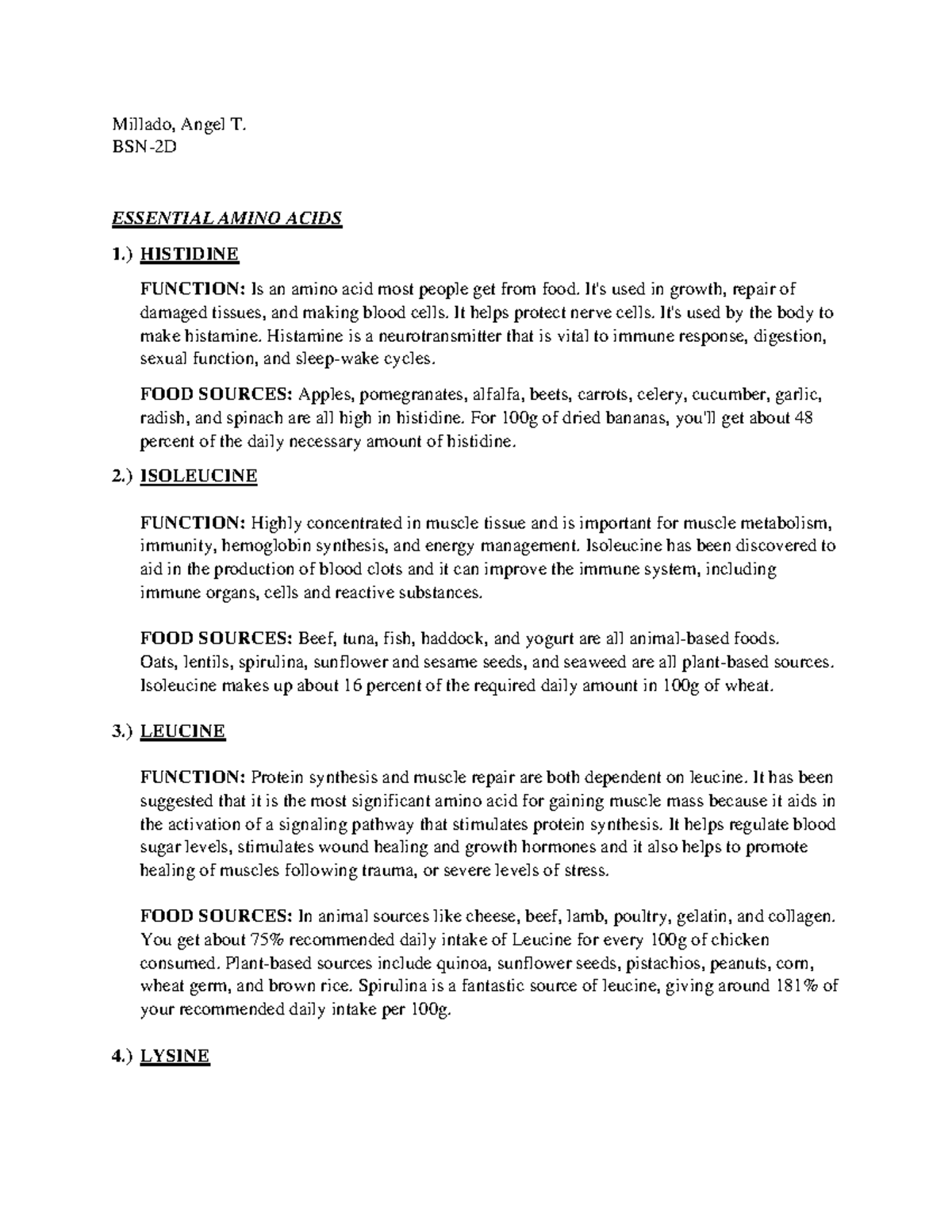 Amino ACID Homework - Millado, Angel T. BSN-2D ESSENTIAL AMINO ACIDS 1 ...