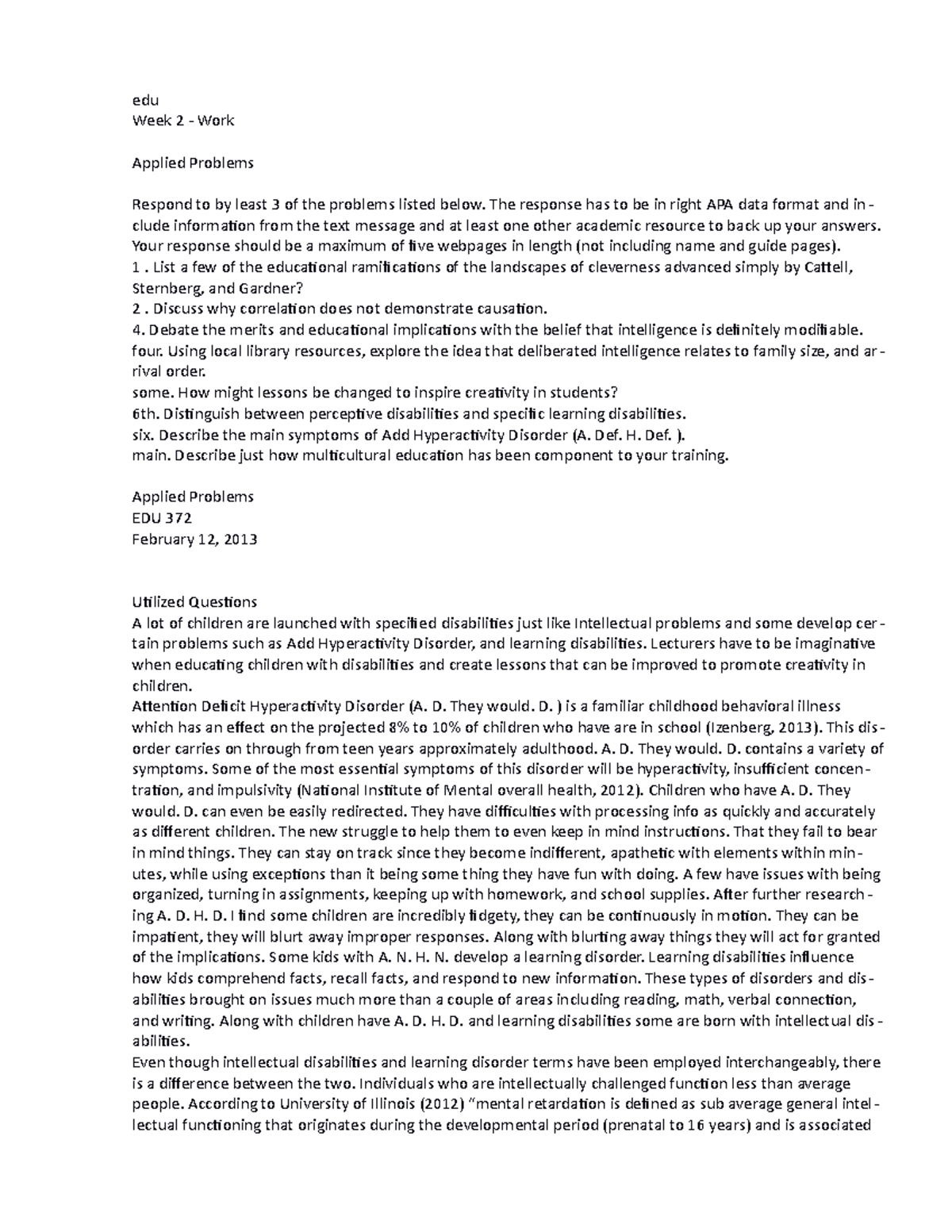 Edu 371 Week 2 Assignment 1 - edu Week 2 - Work Applied Problems ...