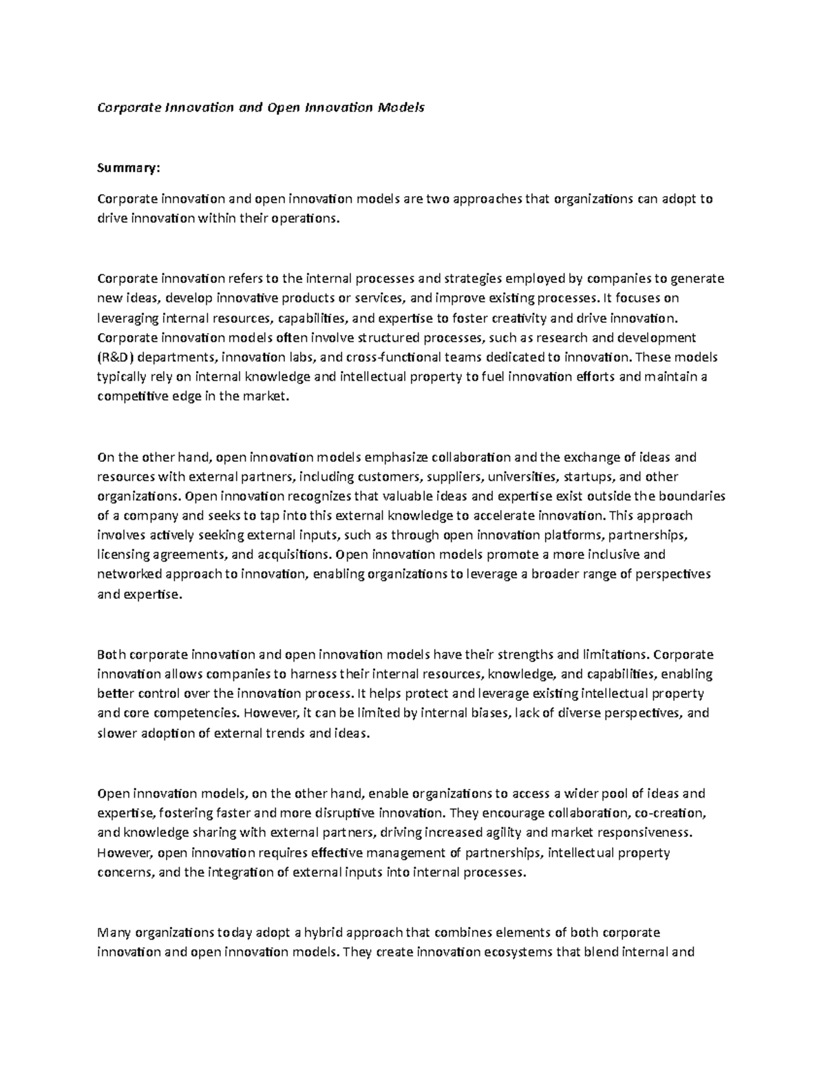 Corporate Innovation and Open Innovation Models (Summary) - Corporate ...