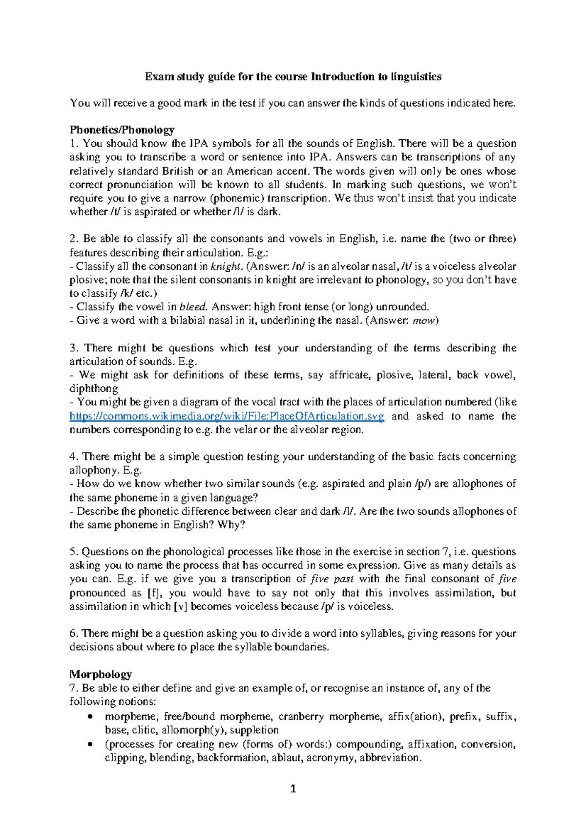 Exam study guide for the course Introduction to linguistics - Phonetics ...
