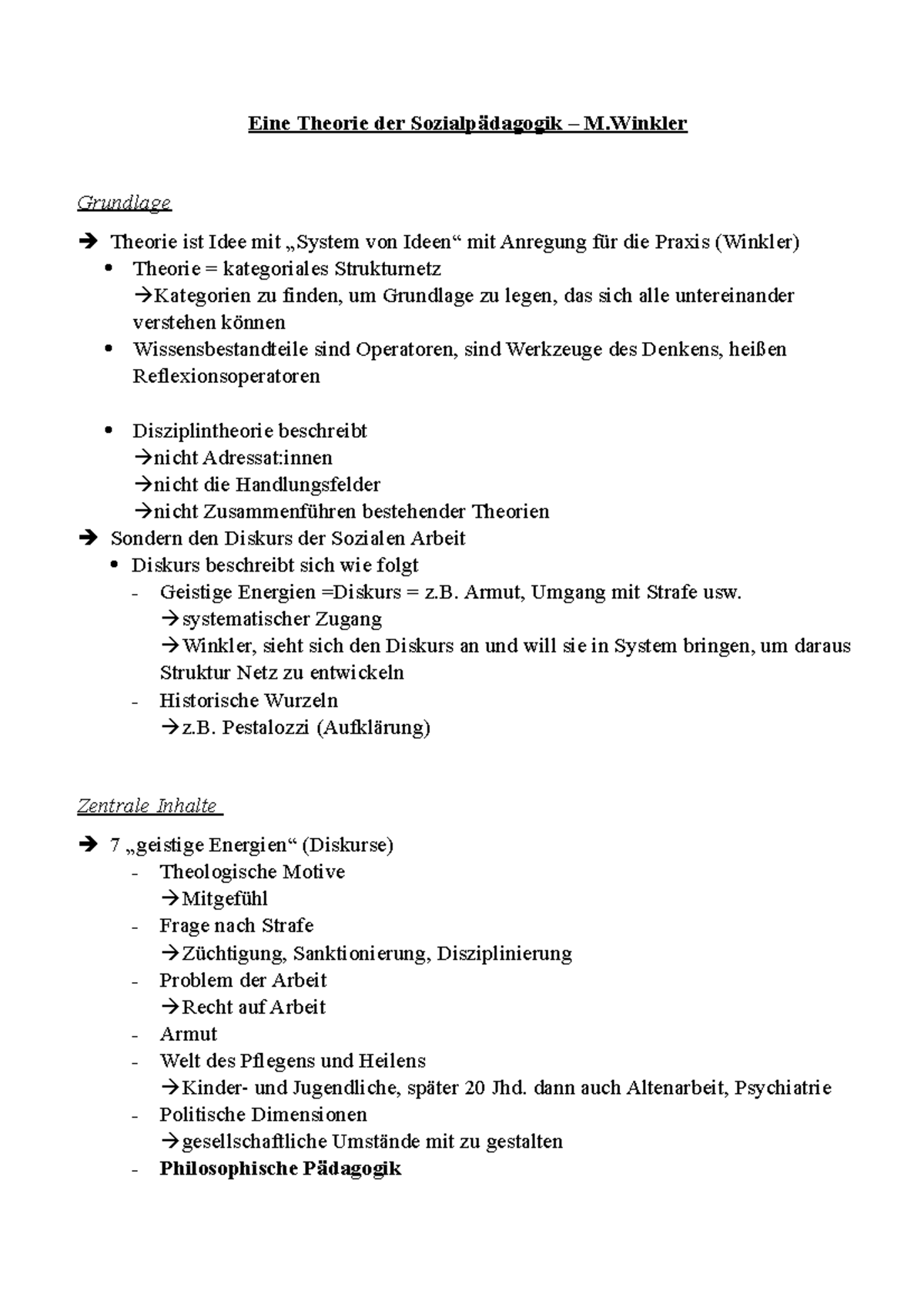 9. Vorlesung Theorie der Sozialpädagogik M. Winkler Zusammenfassung - Eine Theorie der - Studocu
