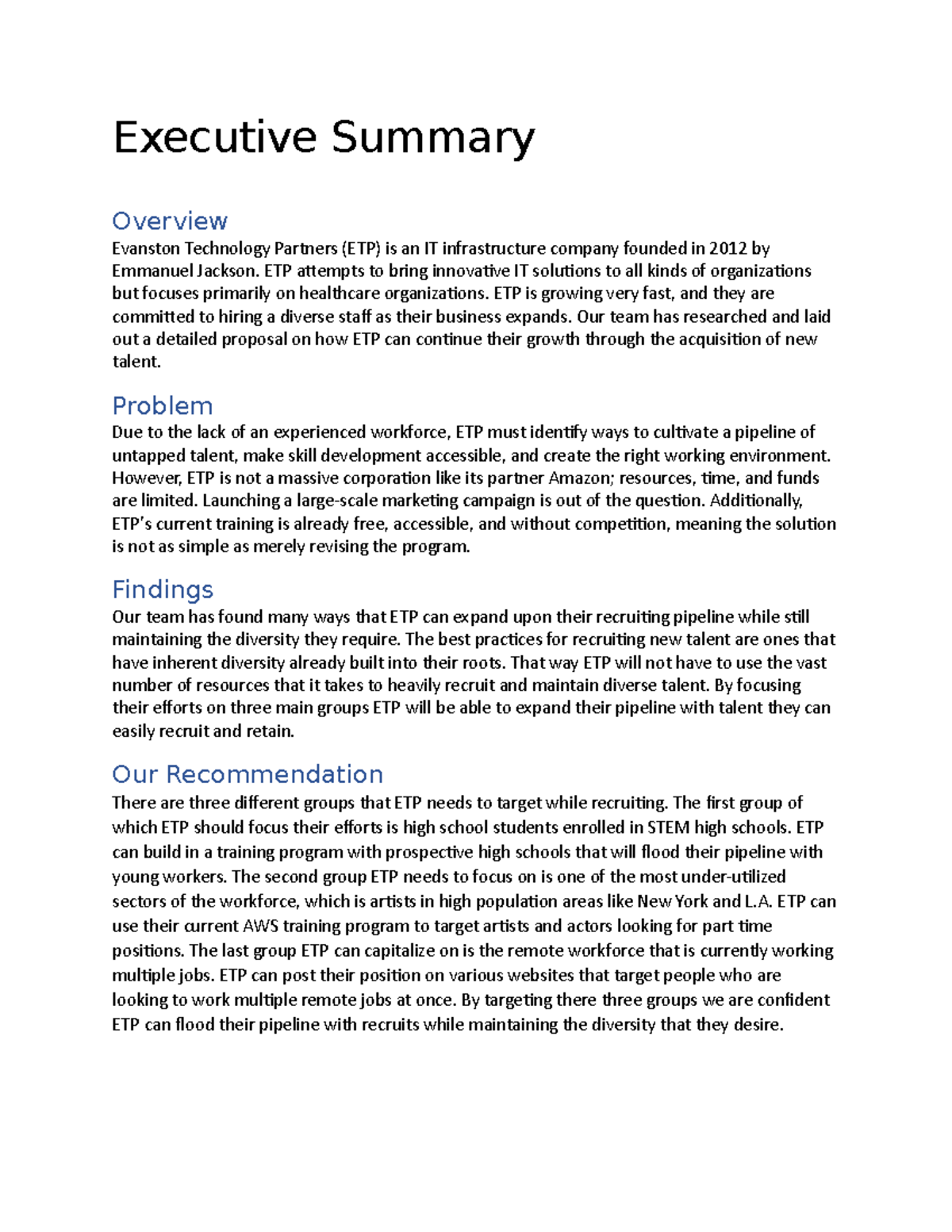 Executive Summary - Essay - Executive Summary Overview Evanston ...