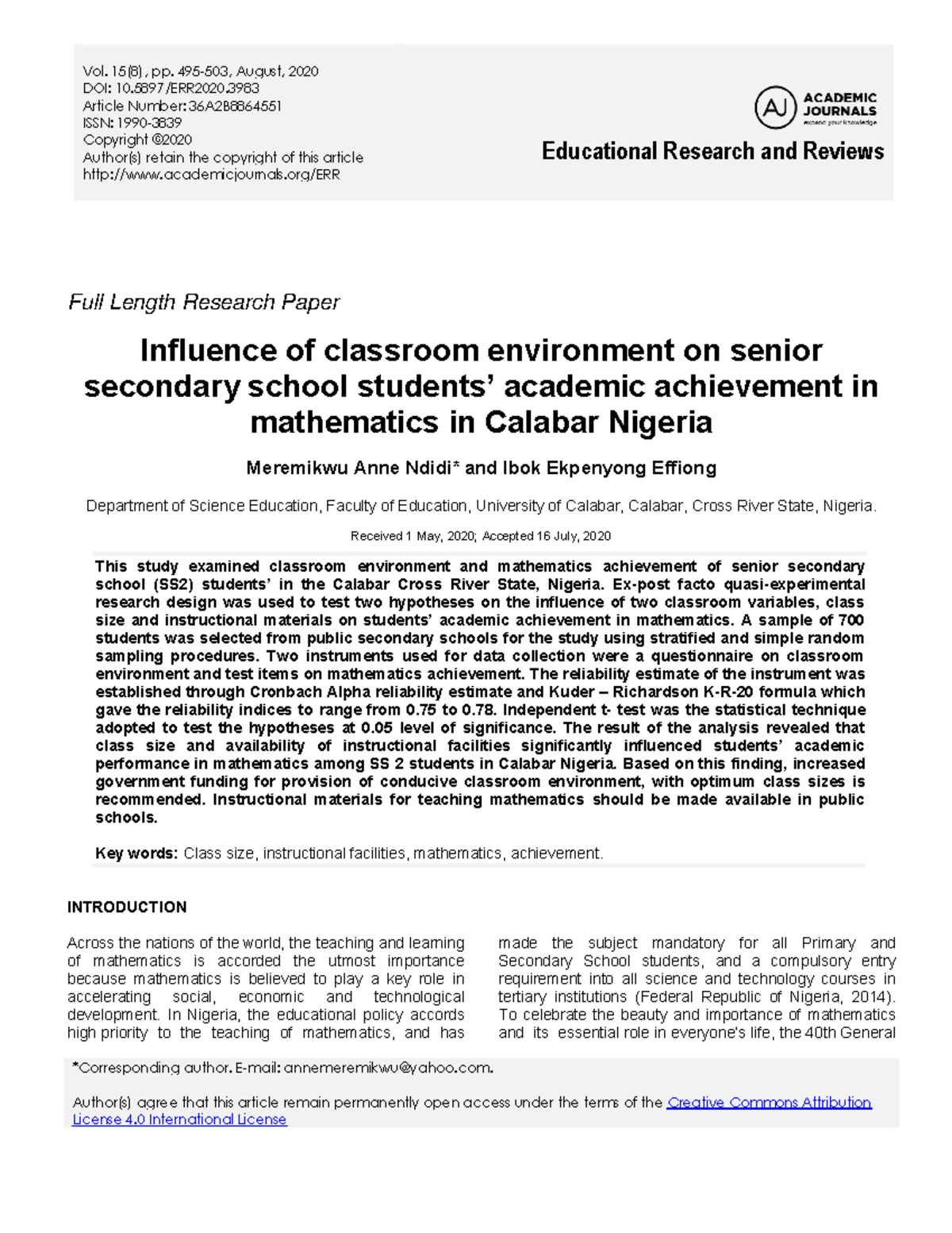 EJ1264041 jsjejw K. Vol. 15(8), pp. 495503, August, 2020 DOI 10