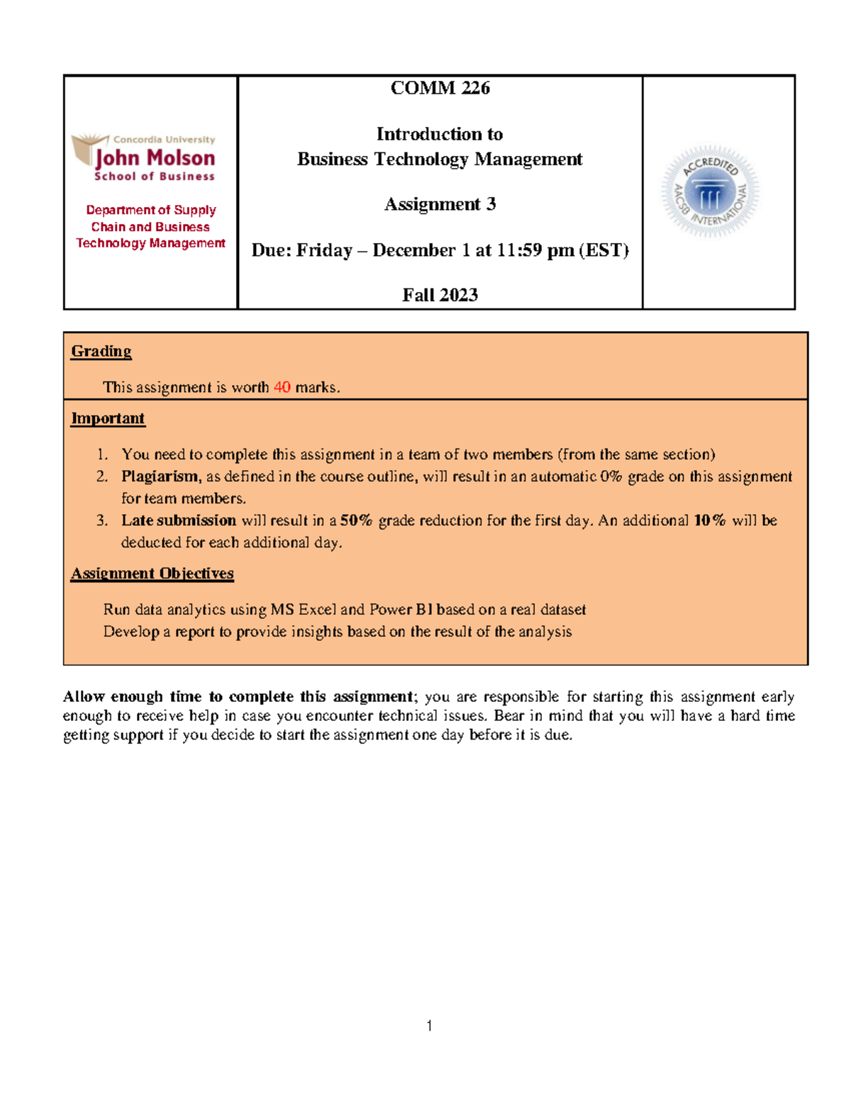 Comm 226 Assignment 3 Fall 2023 1 Department Of Supply Chain And Business Technology Comm 226 Assignment 3 Fall 2023 1 Department Of Supply Chain And Business Technology