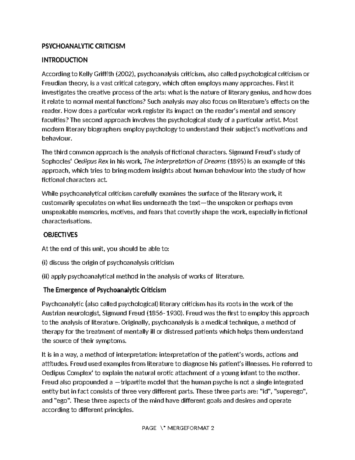 Psychoanalytic Criticism - PSYCHOANALYTIC CRITICISM INTRODUCTION ...