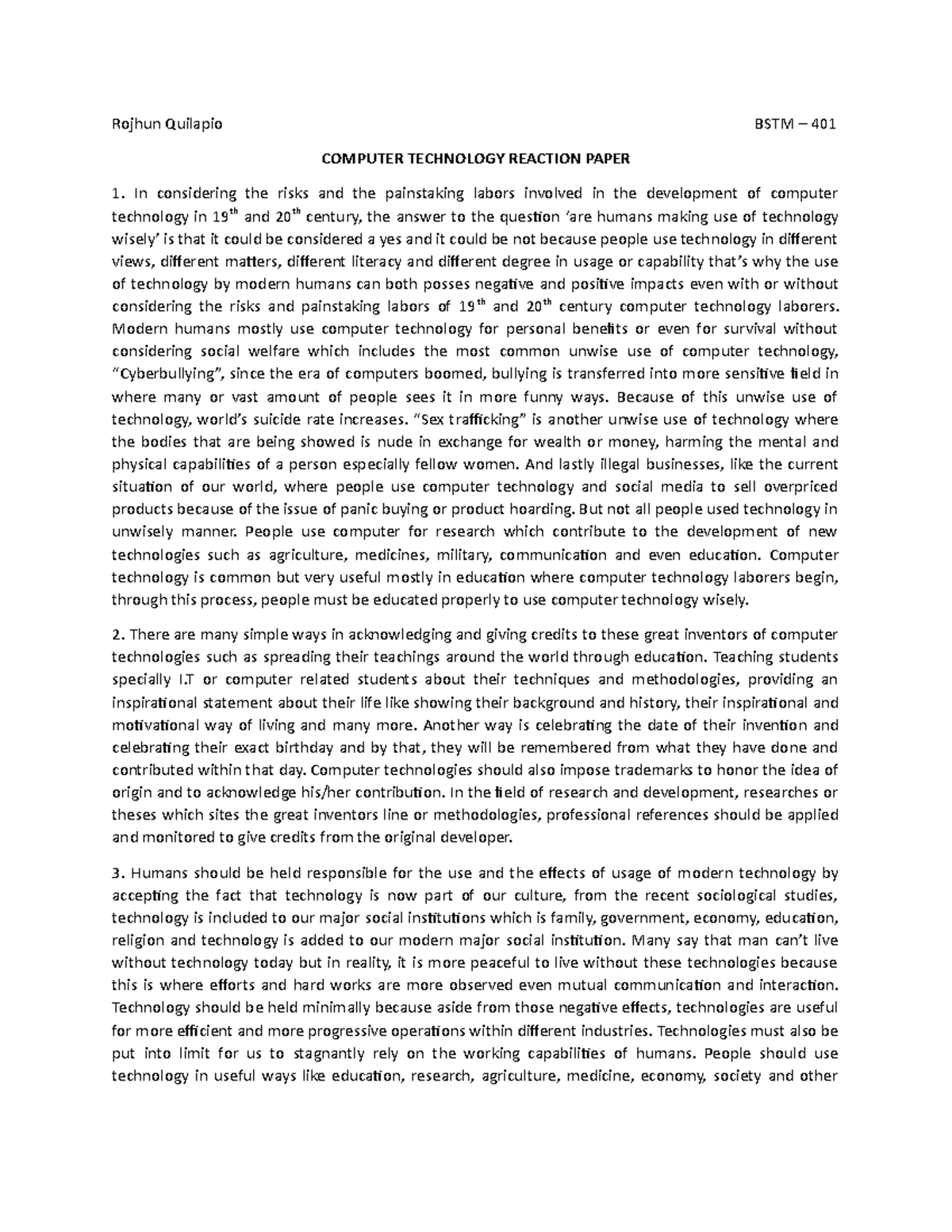 Reaction Paper about Computer Technology - Rojhun Quilapio BSTM – 401 ...