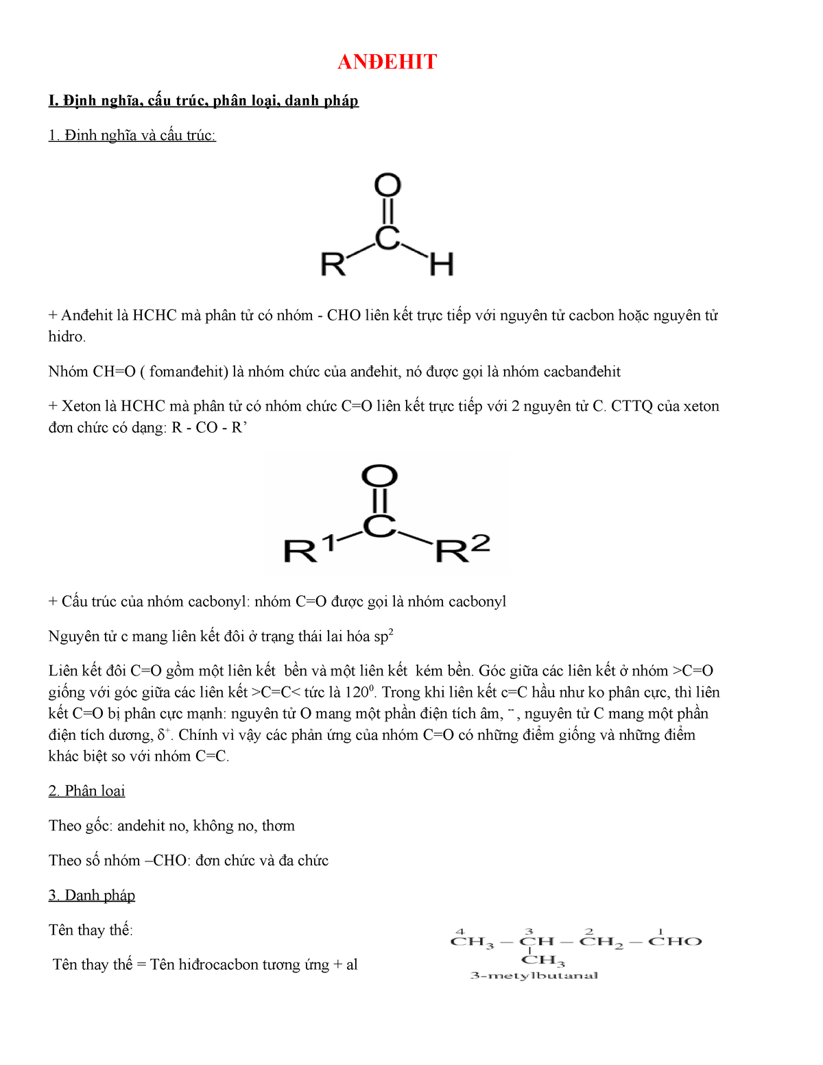 ANĐEHIT VÀ Xeton ( CƠ BẢN VÀ NÂNG CAO) - ANĐEHIT I. Định Nghĩa, Cấu ...