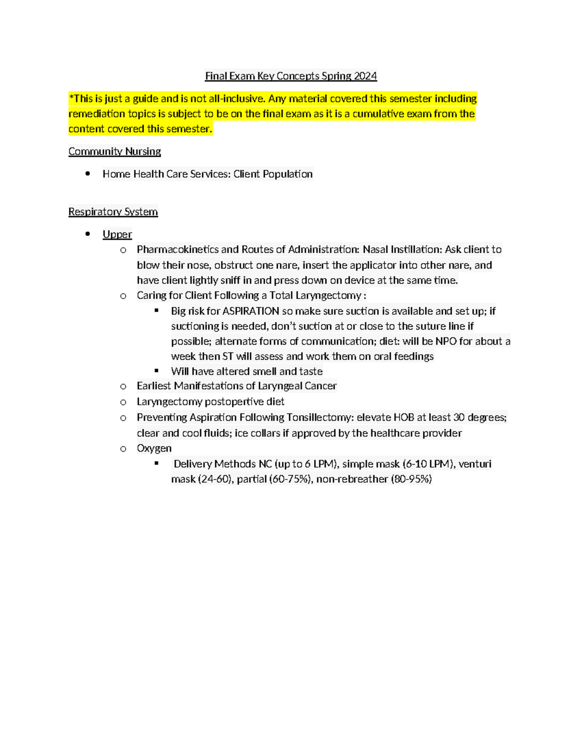 NUR395 Final Exam Study Guide Summer 2024 - Final Exam Key Concepts ...