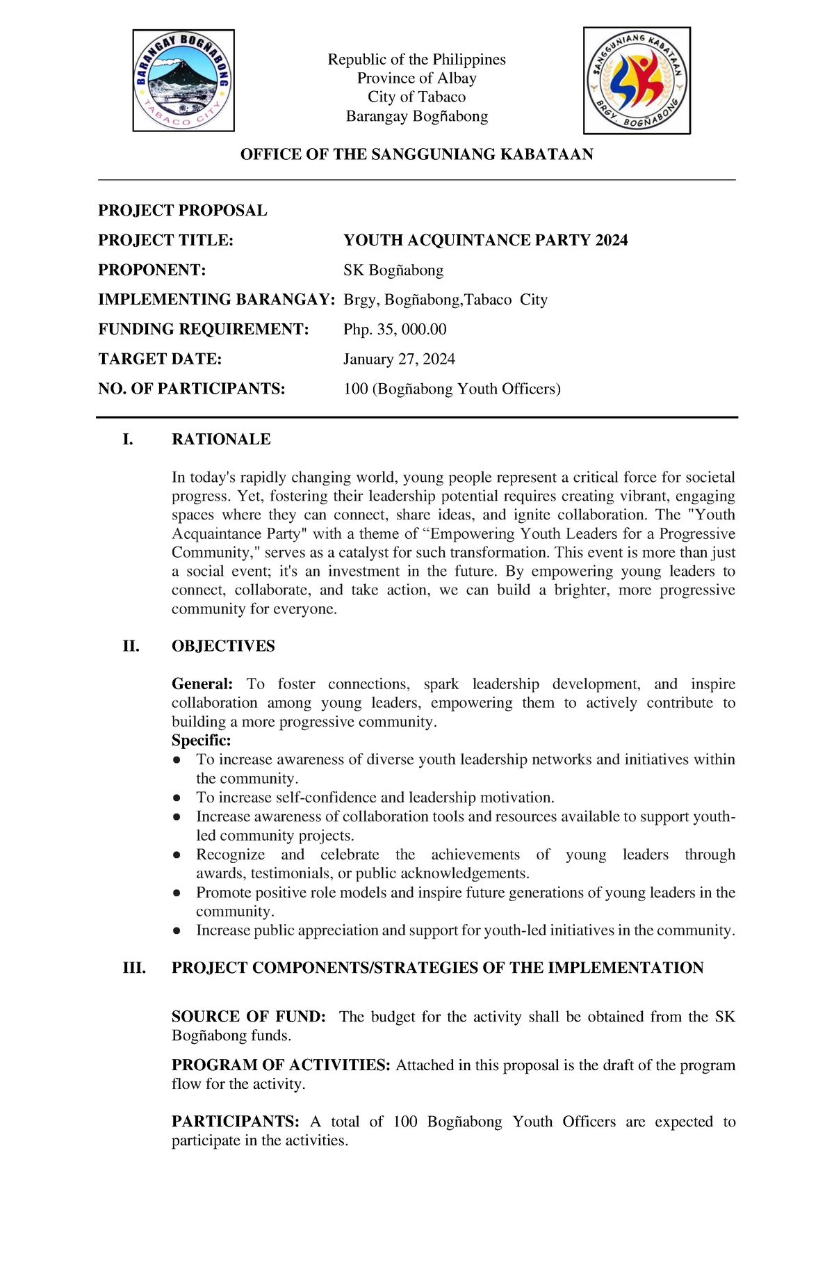 Project Proposal Acquaintance SK - Republic of the Philippines Province ...