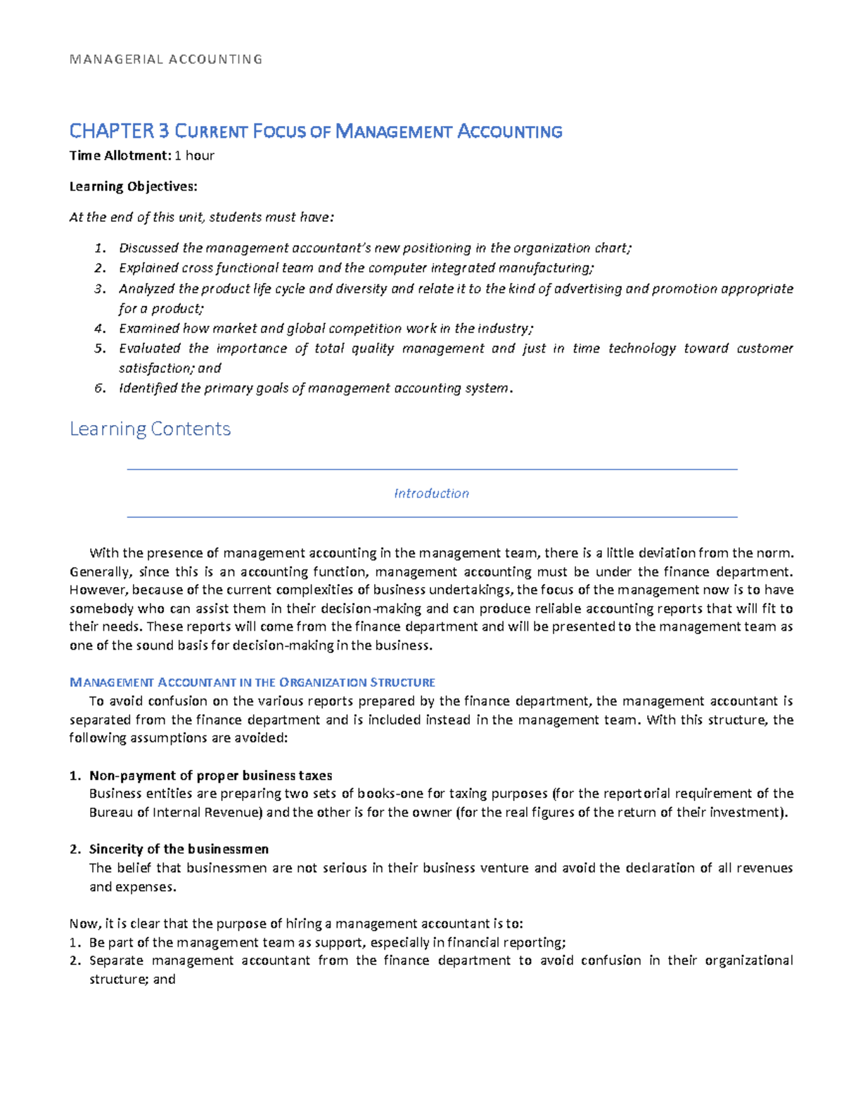 Managerial Accounting Instructional Material Chapter 3 - CHAPTER 3 ...