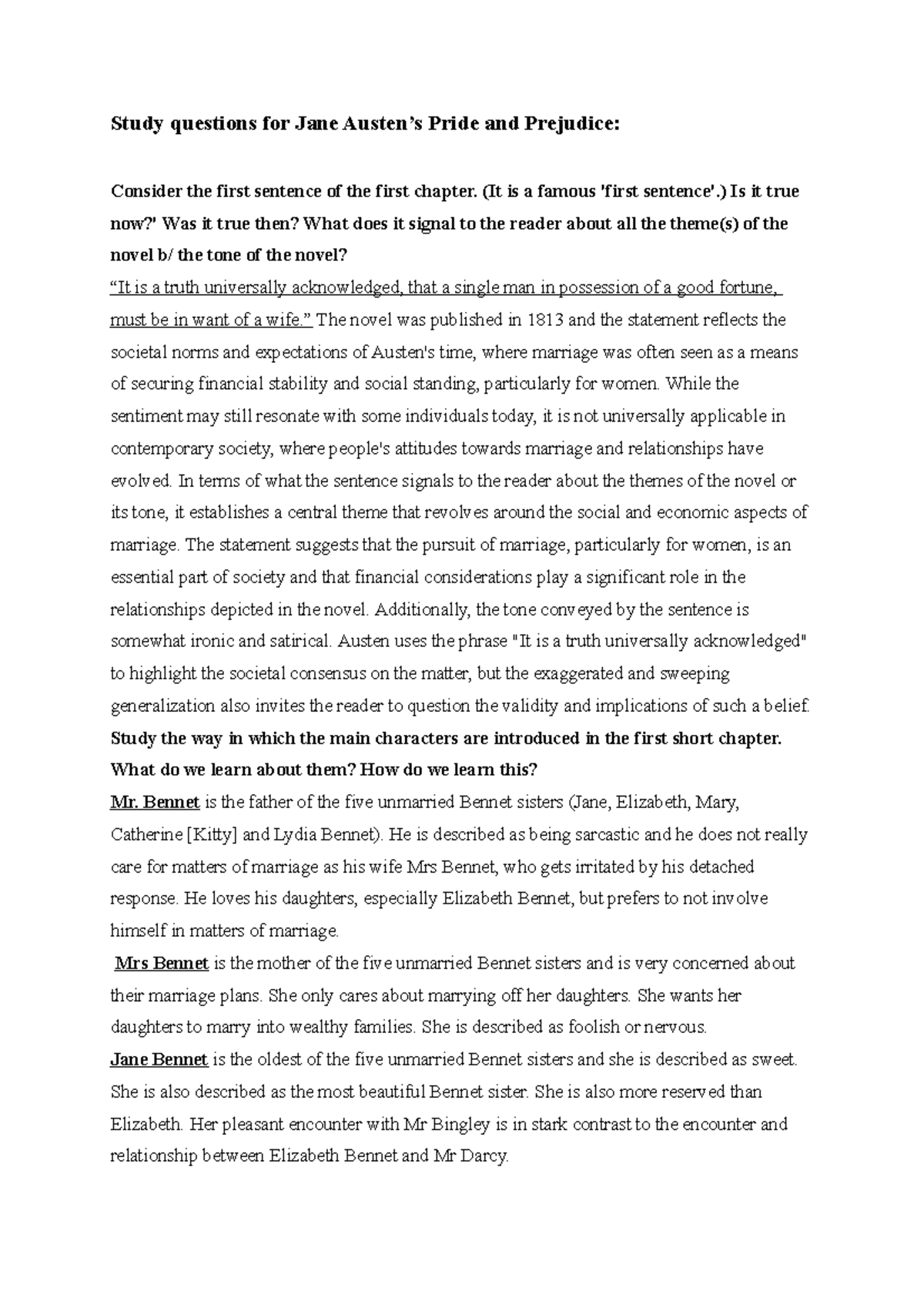 Study Questions Jane Austen's Pride and Prejudice Study questions for Jane Austen’s Pride and