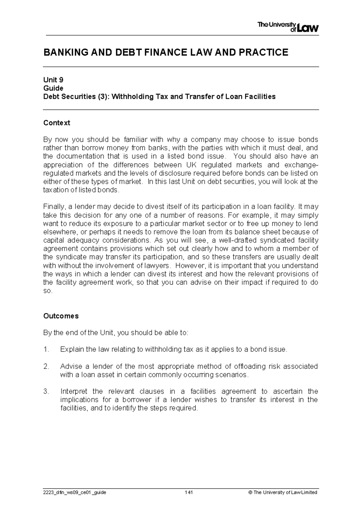 2223 dfin ws09 ce01 guide - BANKING AND DEBT FINANCE LAW AND PRACTICE ...