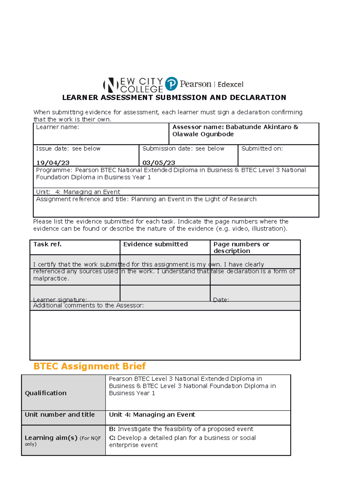 Events Management BTEC Assignment Brief. Unit 4, Assignment B And C ...