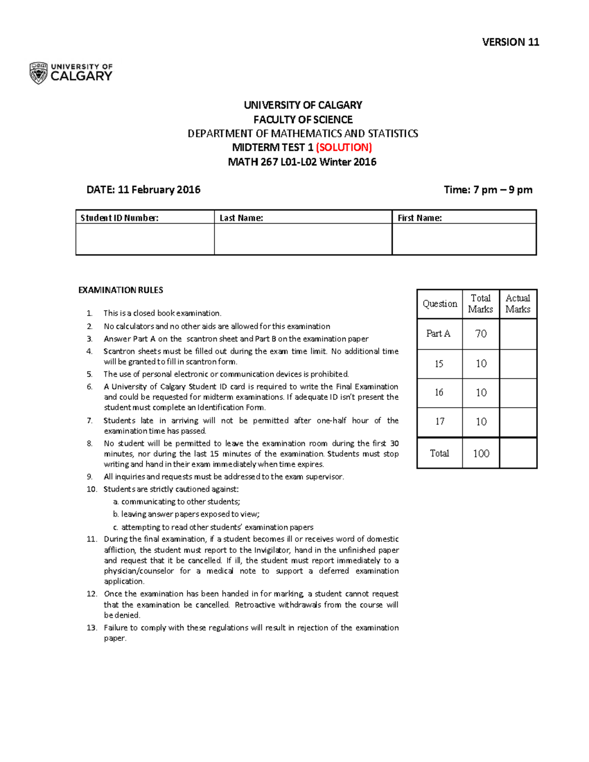 W2016 Math 267 Midterm Test 1 Version 11 Solution - VERSION 11 Question ...