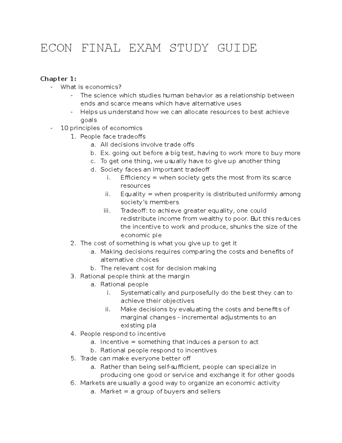 Econ Final Exam Study Guide - ECON FINAL EXAM STUDY GUIDE Chapter 1 ...